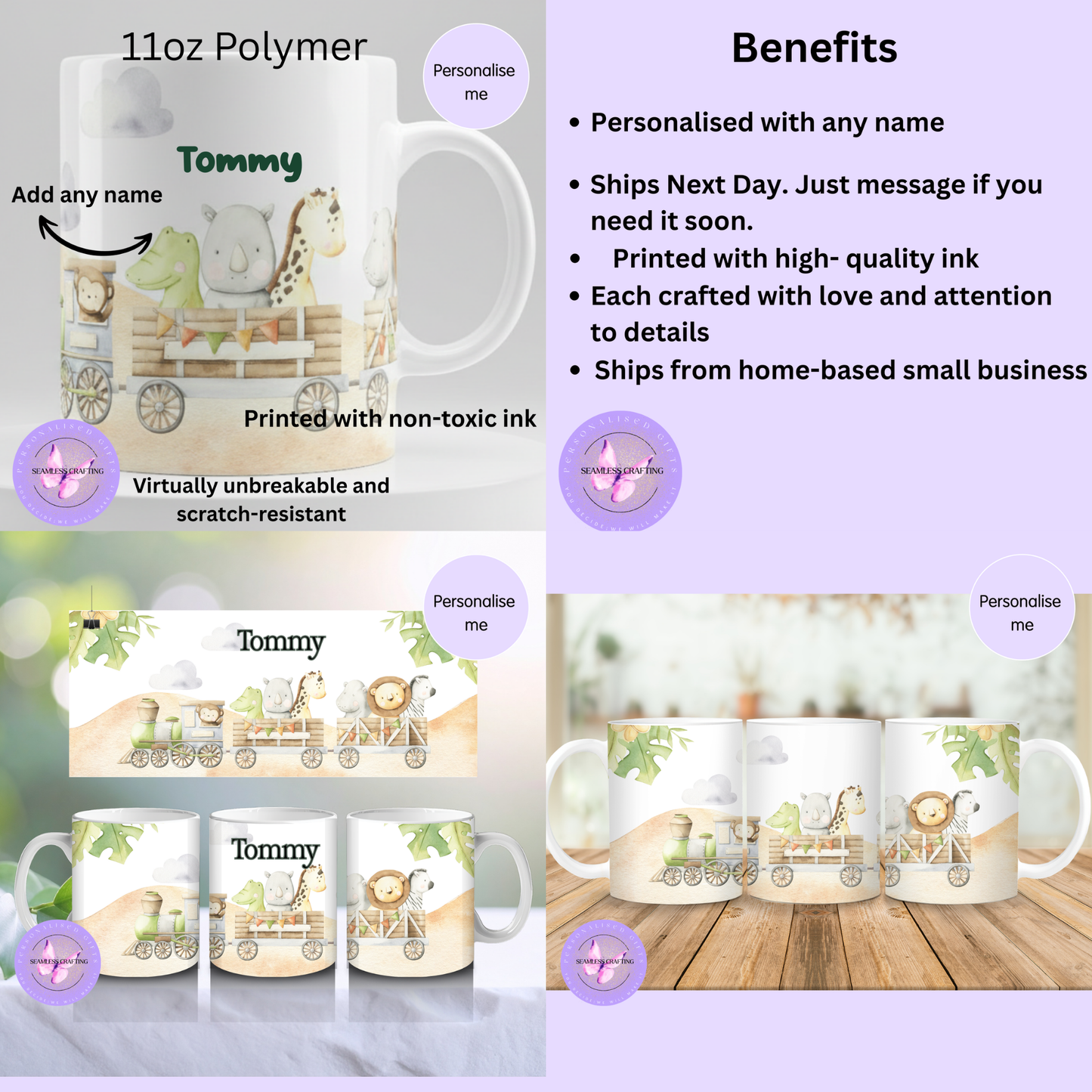 Personalised toddler mug with jungle animals printed using non-toxic ink
Children’s unbreakable mug suitable for nursery and preschool use
Jungle animal kids mug with custom name, 11oz polymer cup
Lightweight unbreakable children’s mug for everyday drinks