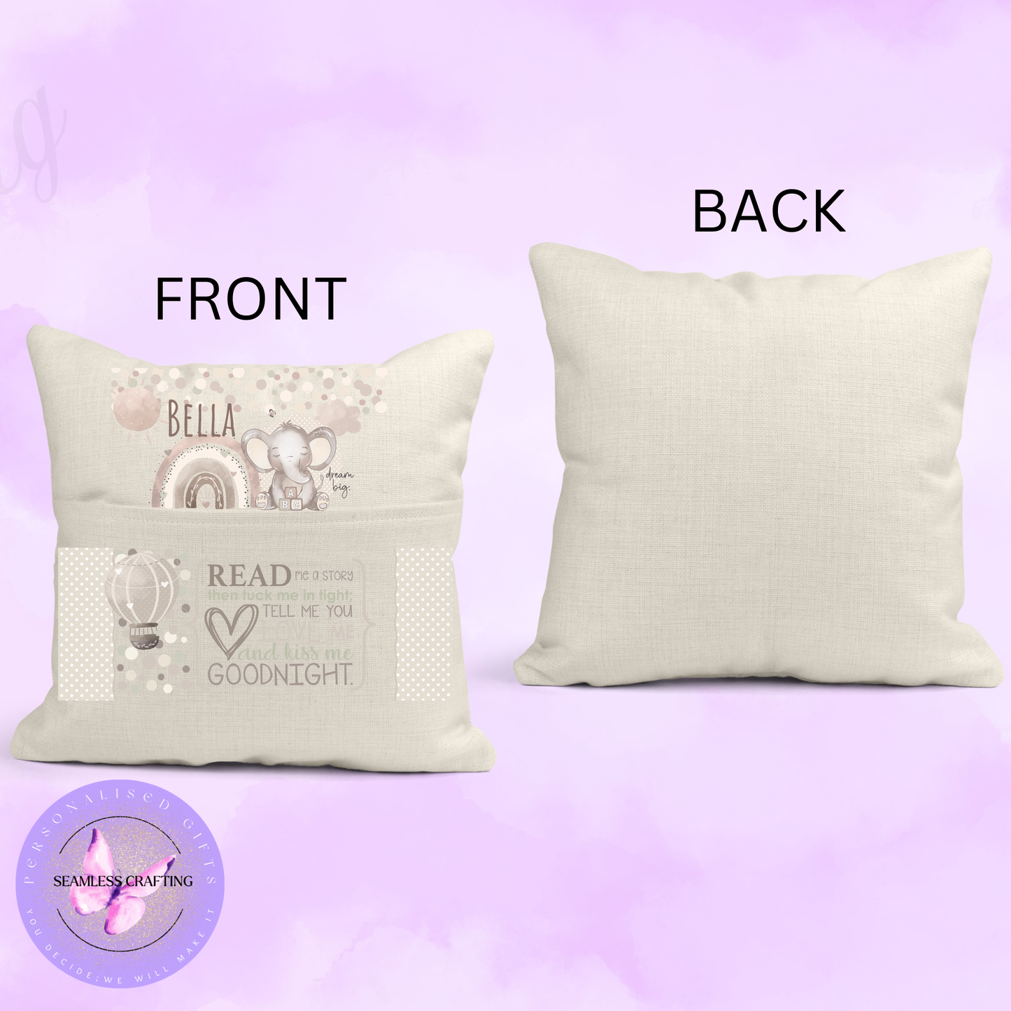 Personalised Girls Reading Cushion – Custom Name Book Pillow with Pocket – Elephant Storytime Cushion for Kids Bedroom