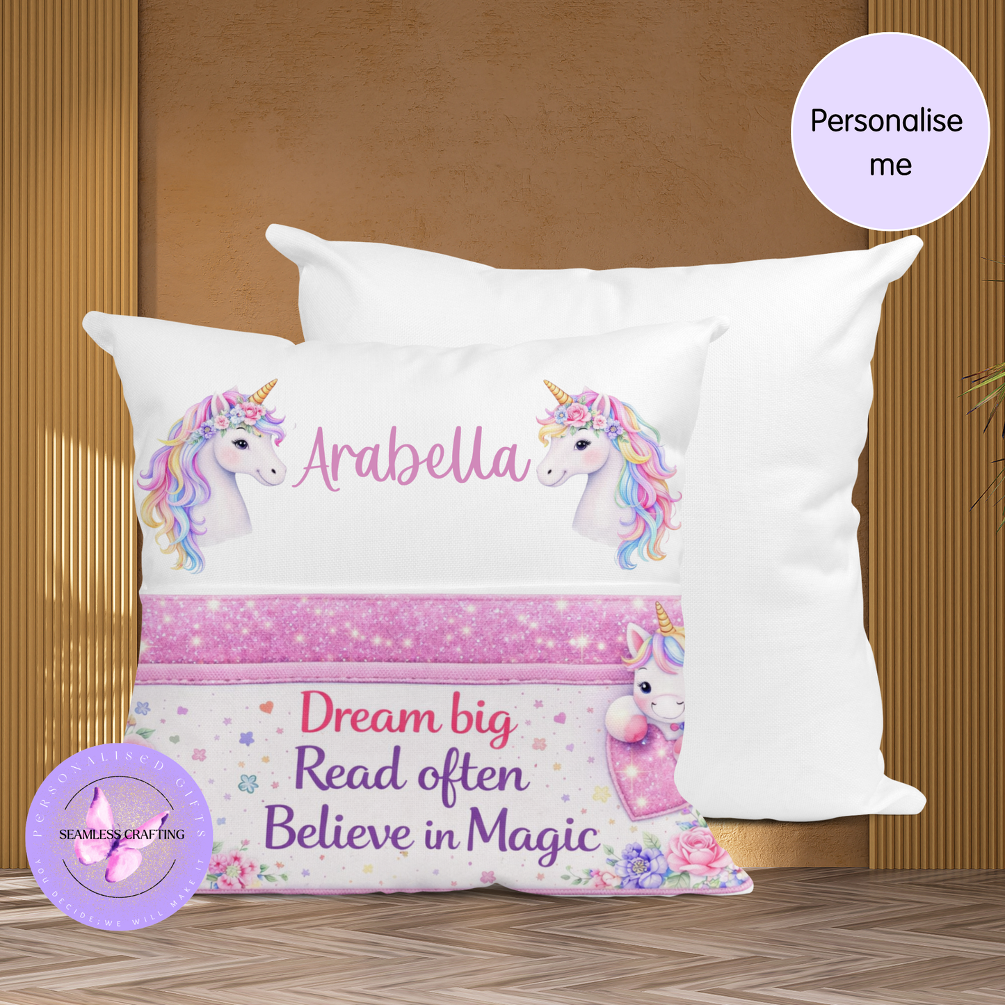 close up unicorn personalised cushion print, vibrant high quality sublimation design, girls reading pillow