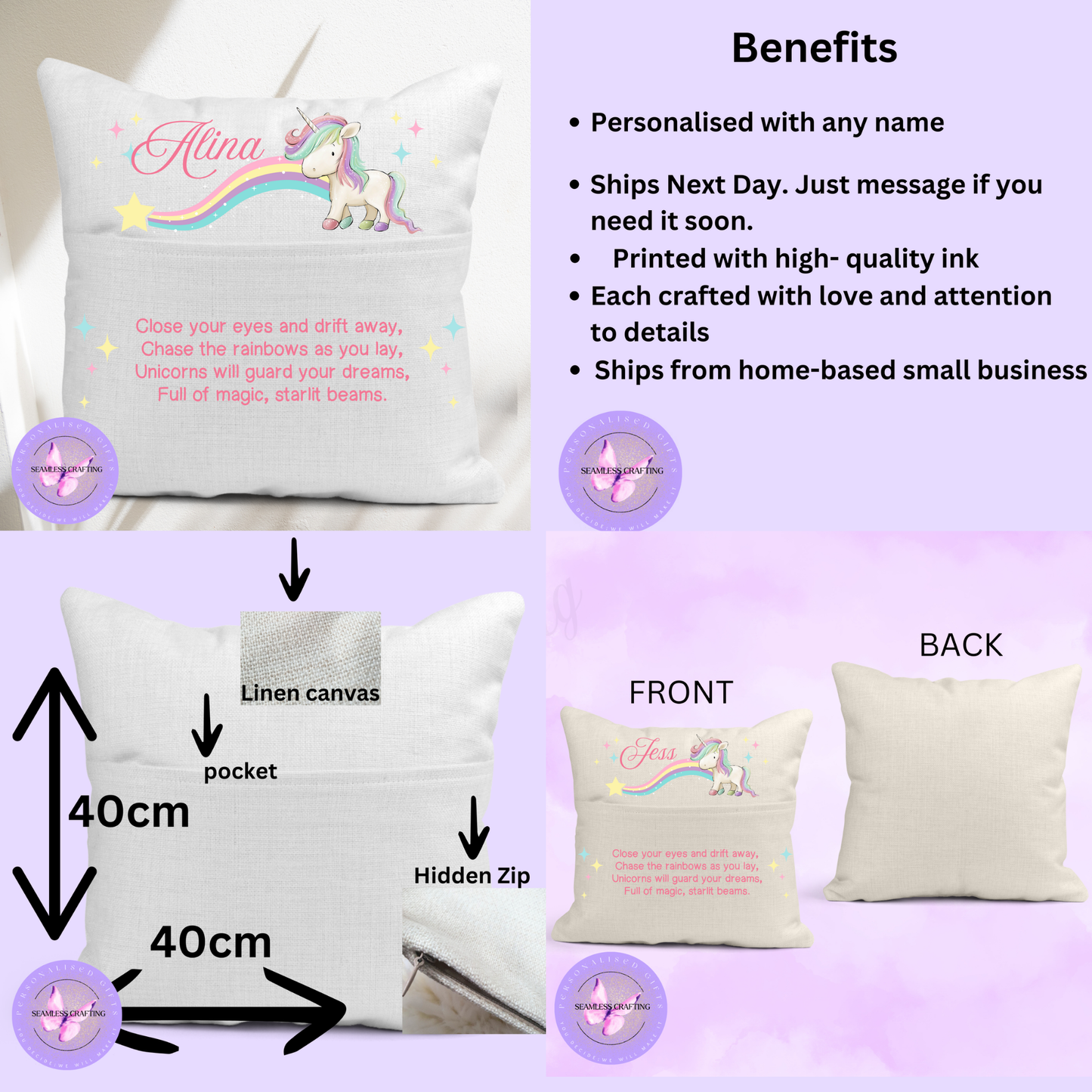 Personalised Unicorn Cushion for Girls – Custom Name Linen Pillow 40x40cm | Magical Unicorn Bedroom Decor | Dreamy Kids Cushion Cover