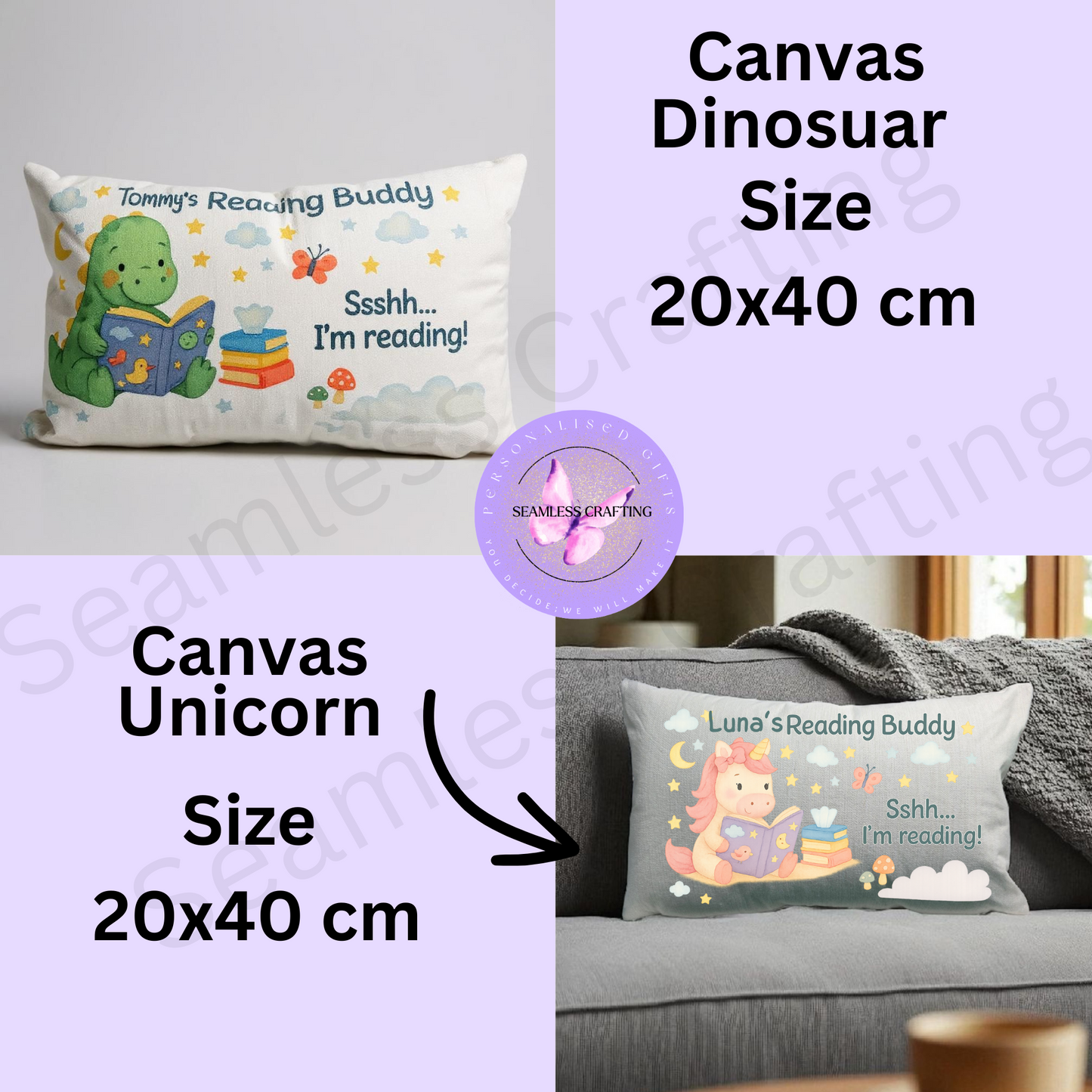 Personalized Reading Buddy Cushion | Custom Kids Pillow with Name | Dinosaur & Unicorn Design | 20x40 cm Canvas Storytime Gift