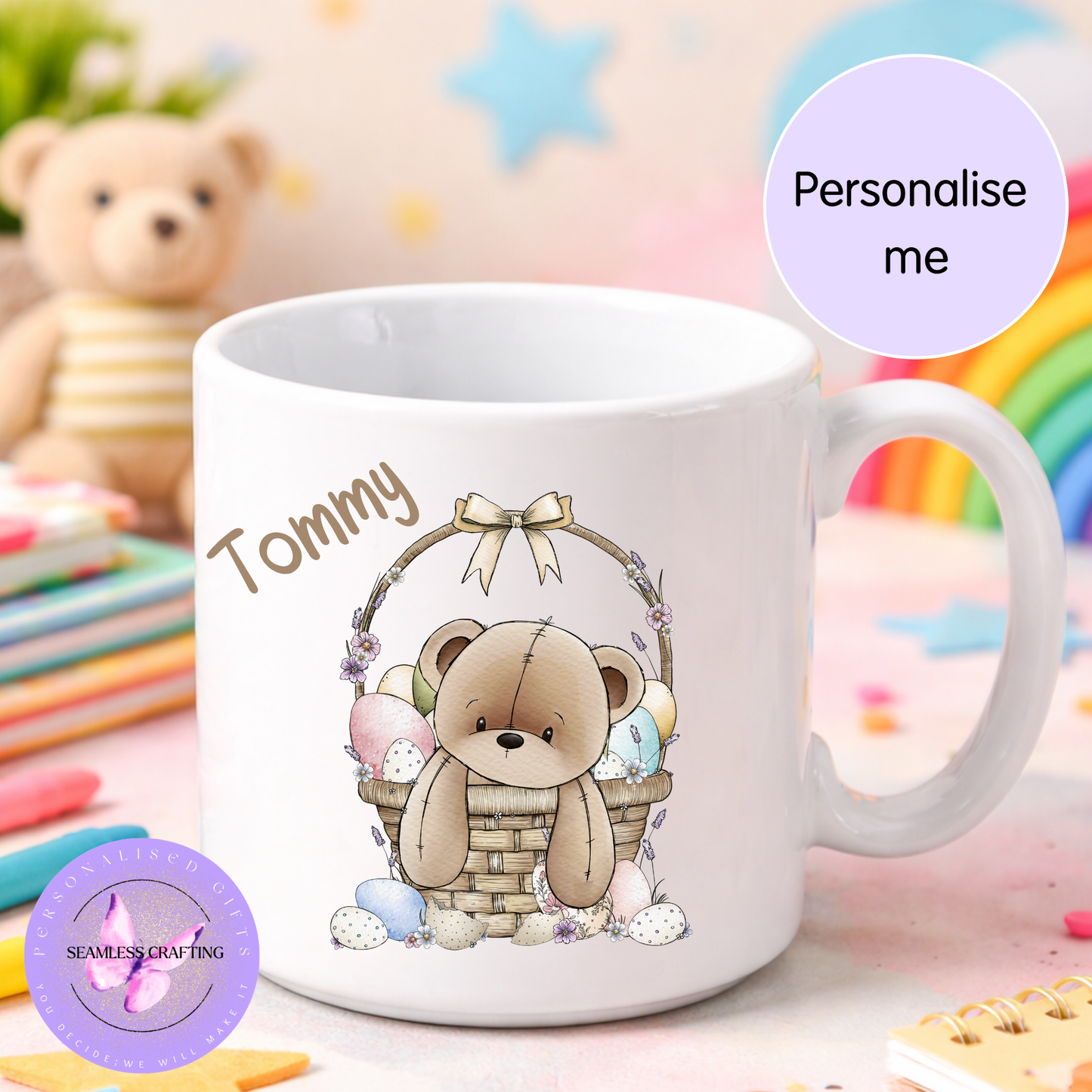 Personalised Teddy Bear Easter Mug – Custom Name Kids Mug, Ceramic or Enamel Cup, Easter Gift for Children, Bunny Egg Design