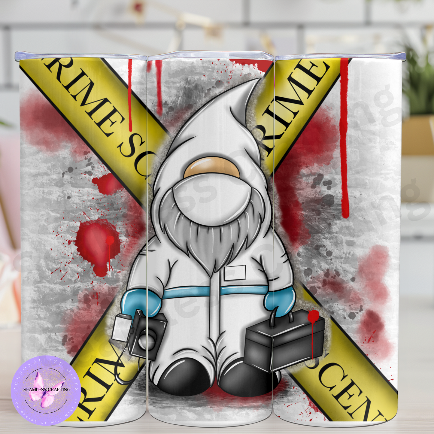 Tumbler with a gnome holding a briefcase, surrounded by crime scene tape and bloodstains.