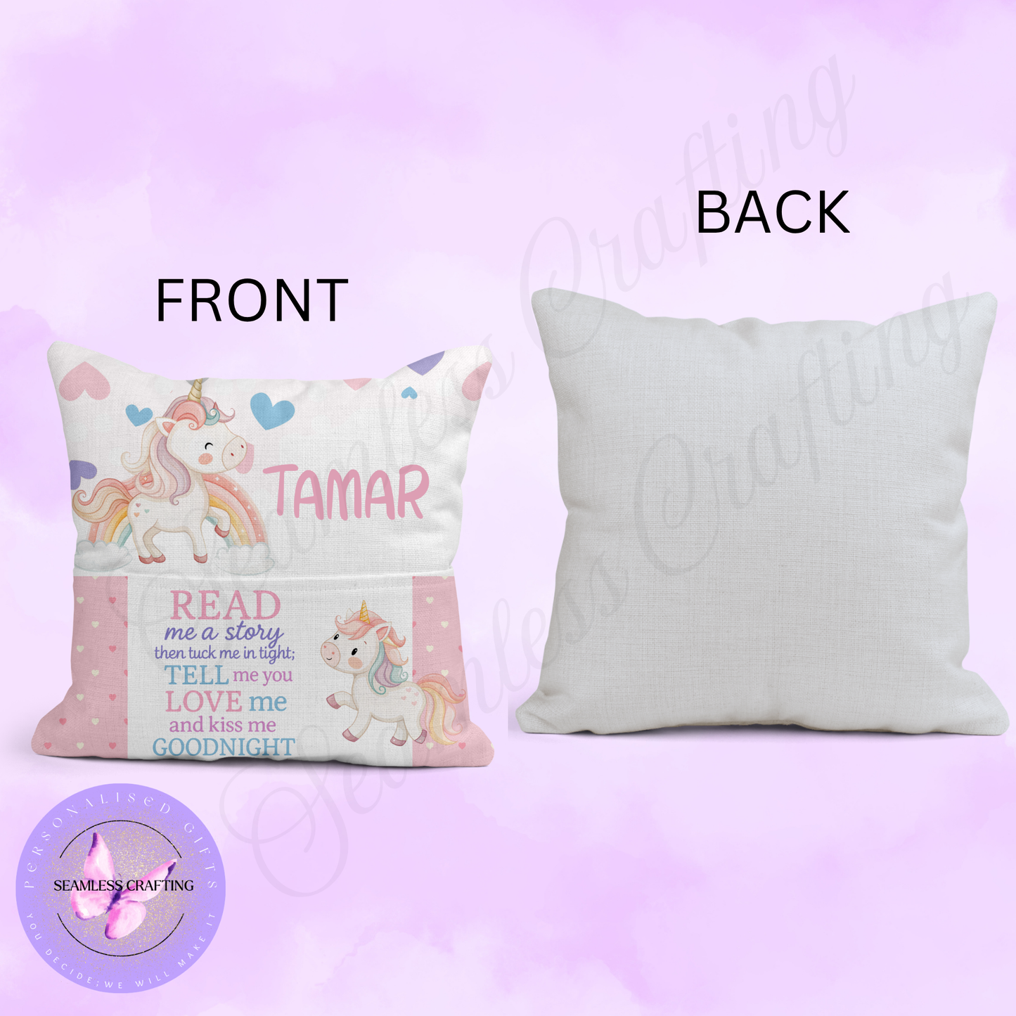 Personalised Unicorn Reading Cushion for Kids – Custom Name Bedtime Pillow with Pocket | Read Me a Story Cushion | Girls’ Gift | Nursery Decor UK