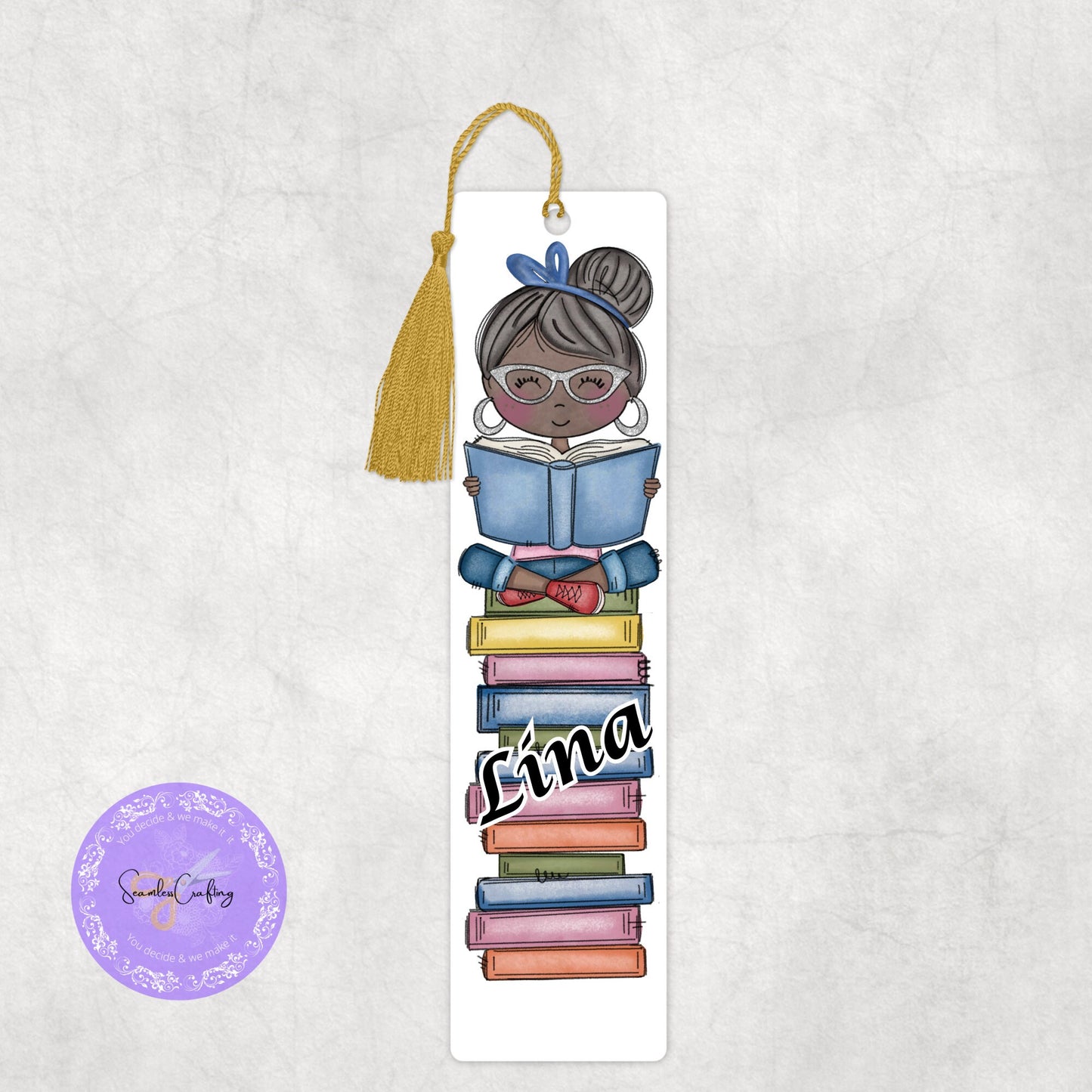 Personalised little Girl sitting on stack of books, add any name, Character page marker, gift for girl, choose hair colour & skin tone