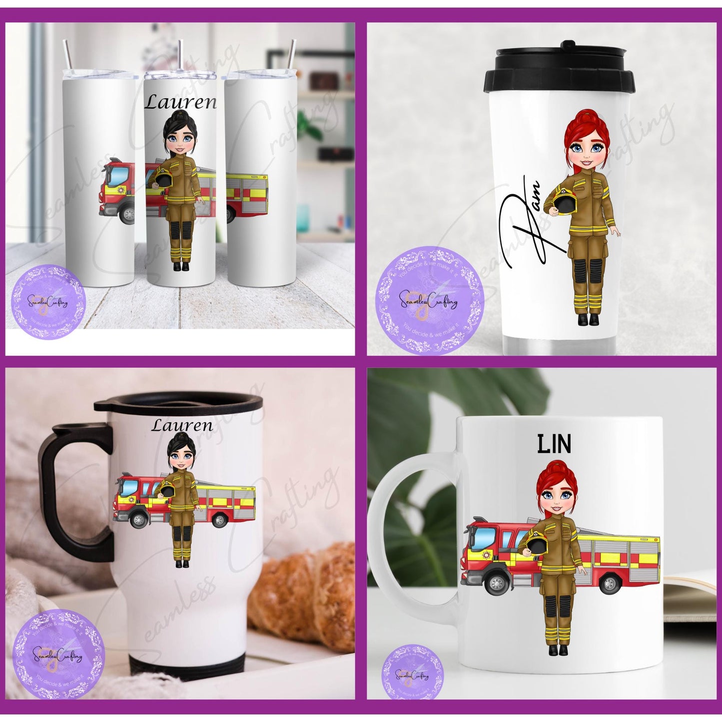 Personalised Female Fire Fighter character gift mug, Firewoman travel mug, Insulated Stainless Steel Cup, Gift for her, Rescue Services