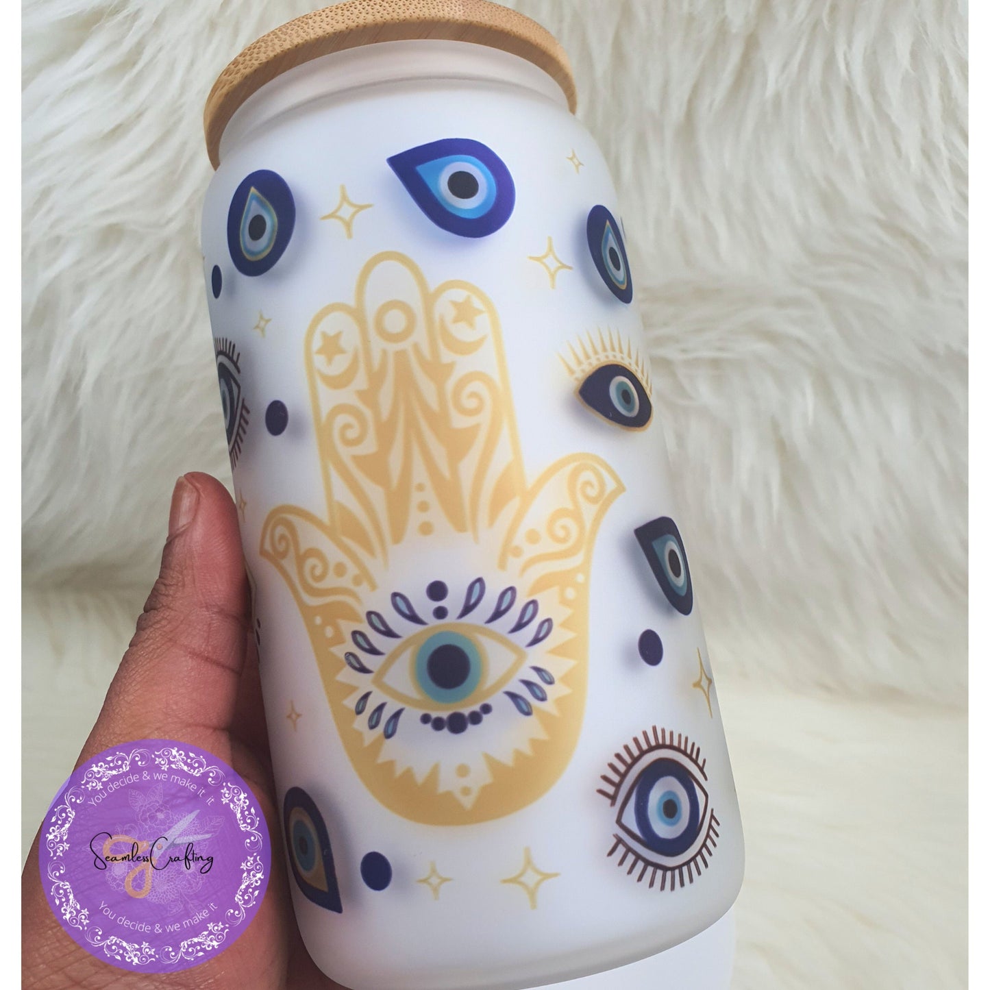 Personalised All-Seeing Eye Cup. Turkish Eye Protection, Spiritual Glass Cup Gift, Beer Can Glass Evil Eye Style, Bambo Lid with Straw
