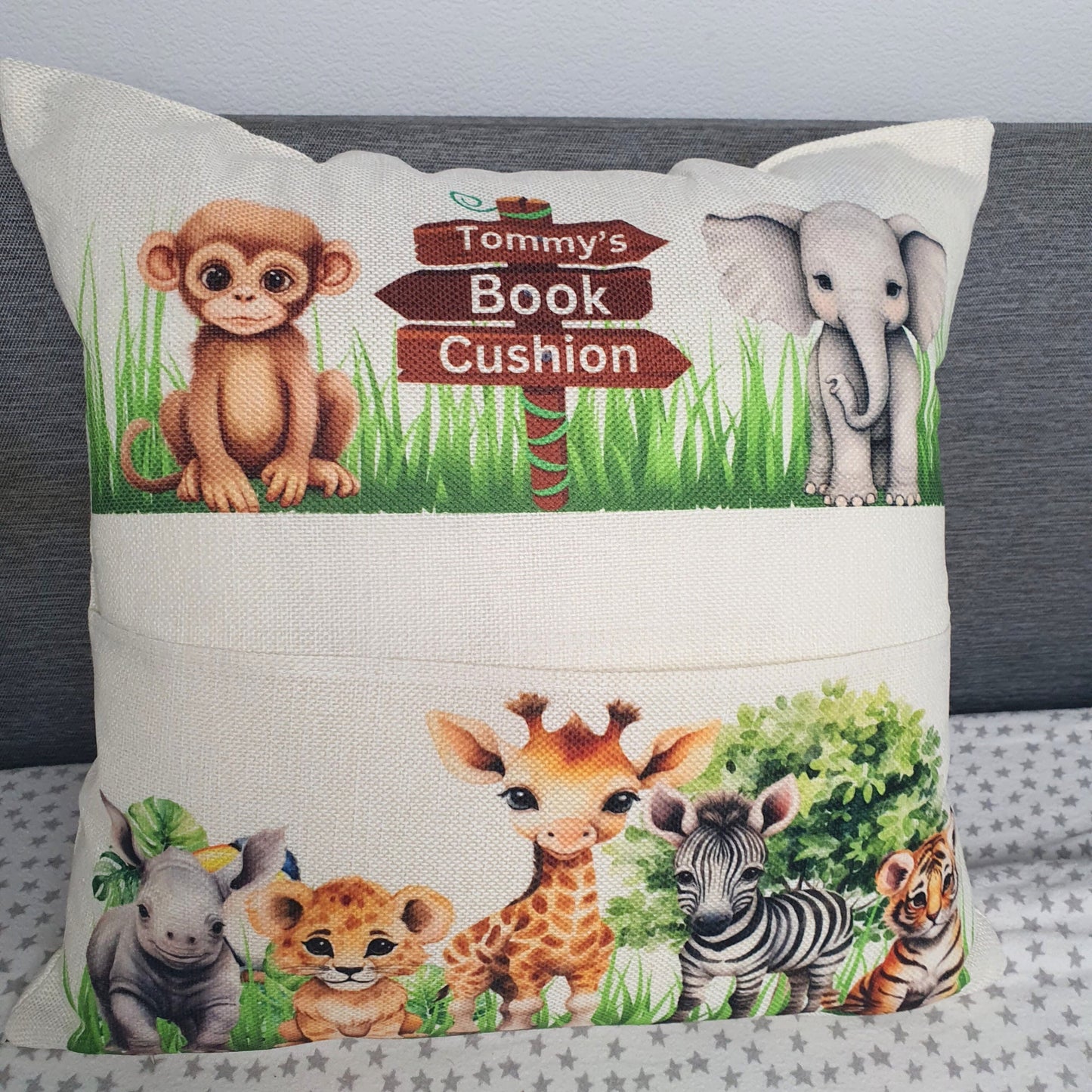 Personalised Safari Jungle Book Cushion, Animal Zoo Pillow, Pocketbook cushion Lion, Wild Animals book holder Gift, Zebra, Monkey, Elephant