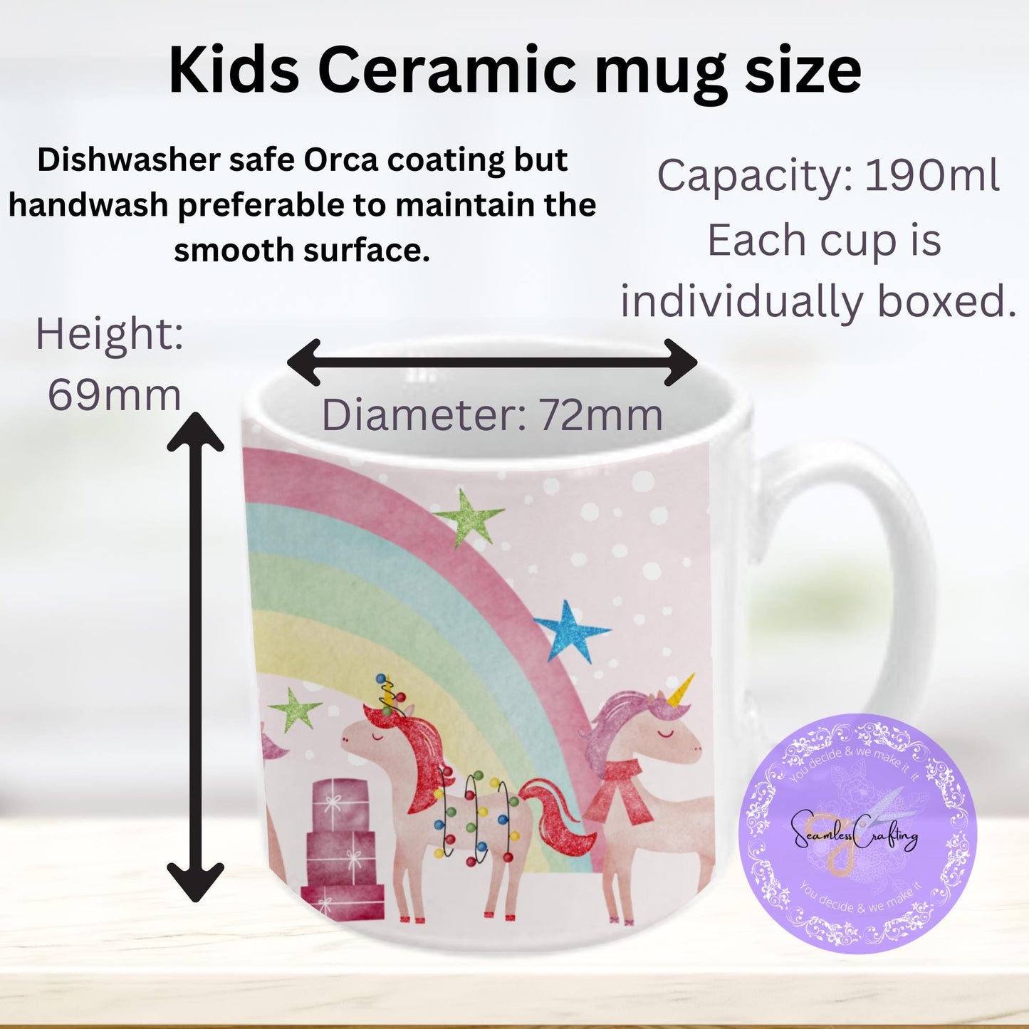 Personalised Christmas Dinosaur, Unicorn children's mugs, 6oz ceramic, 12 enamel cups, movie night, Stock fillers. Add any name
