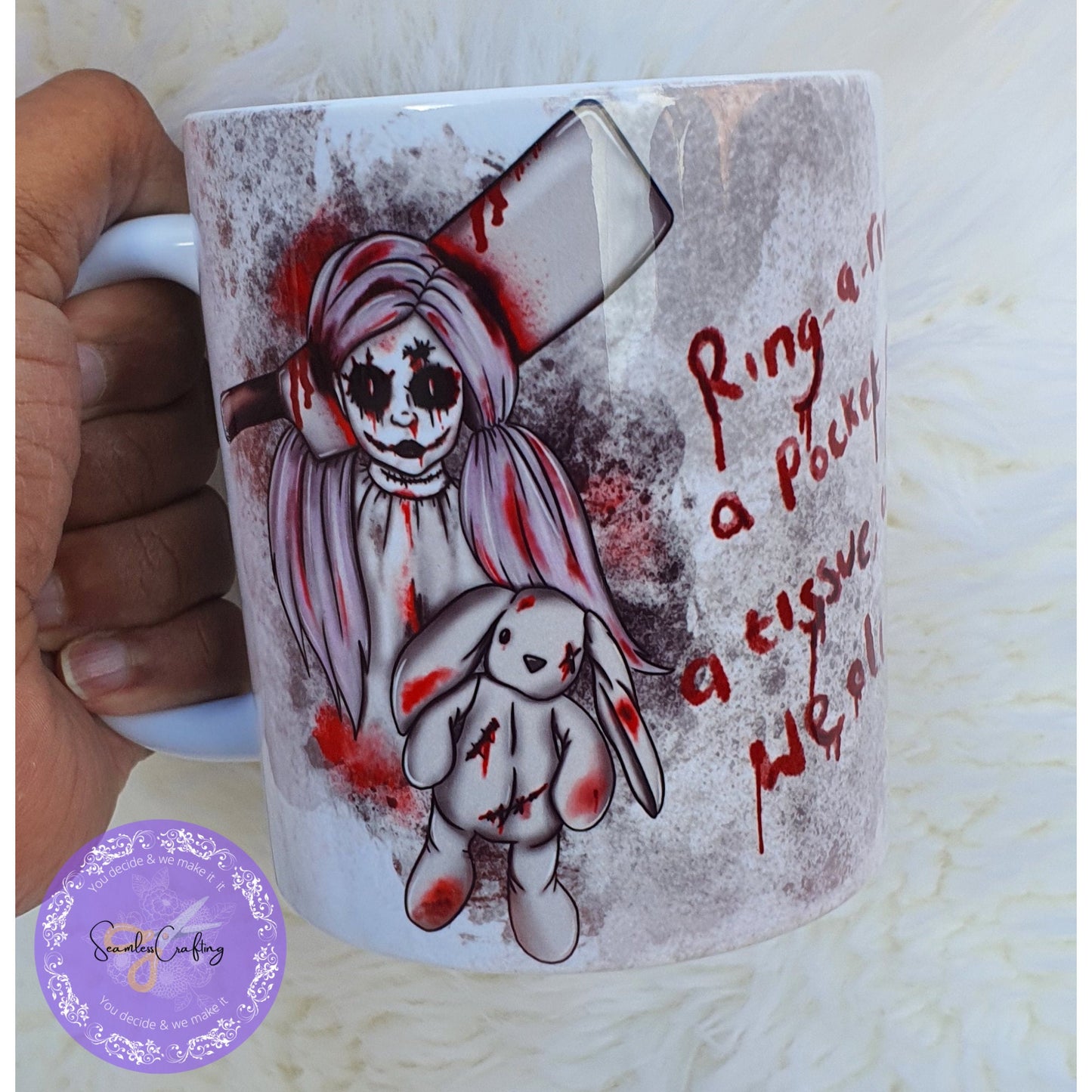 Creepy Haunted Doll Movie Themed Mug, Ring a Roses Scary Voodoo Doll Mug, Creepy Stuffed Rabbit, Evil Doll Halloween Axe Head, Bloody Rabbit
