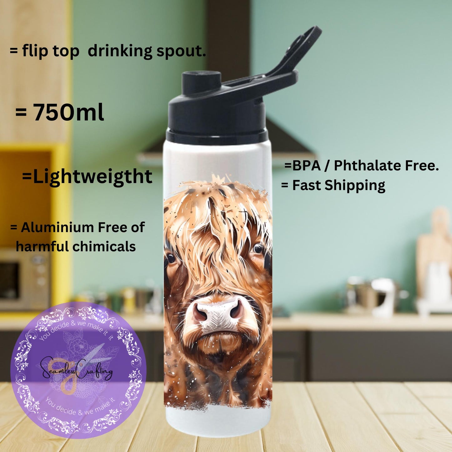 Personalised Highland Cow water Bottle - 20 oz Tumbler Gift, Cute Highland Coo Design, Stainless steel, Add any name thermal cup, fluffy coo
