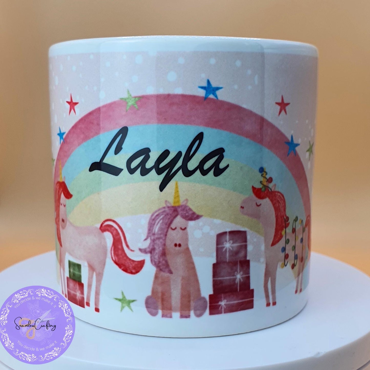 Personalised Christmas Dinosaur, Unicorn children's mugs, 6oz ceramic, 12 enamel cups, movie night, Stock fillers. Add any name