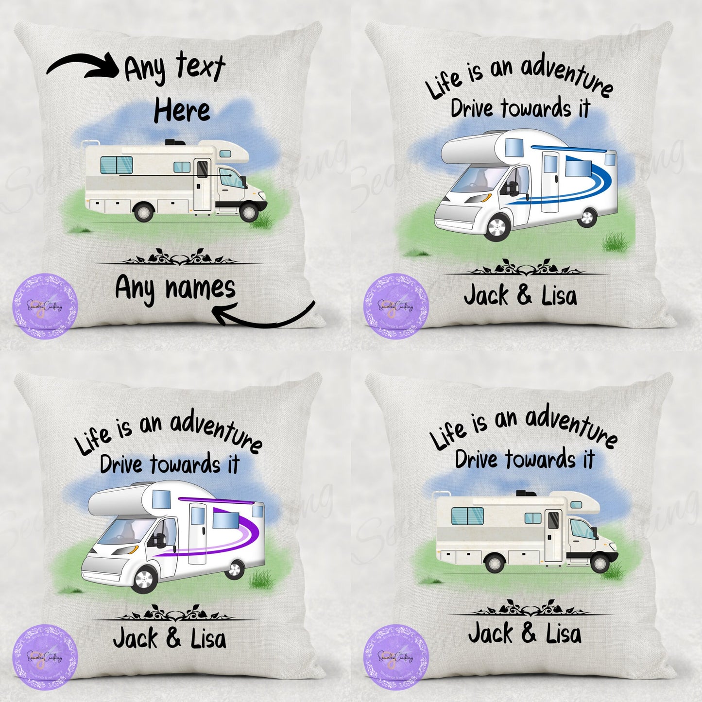 Personalised Motorhome Linen Cushion, add any text name, Campervan owners gifts, camping Pillow, Outdoor lovers present, First RV gift