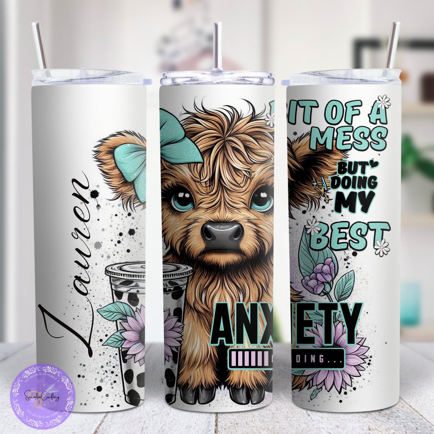 Personalised Funny Highland Cow Bottle - 20 oz Tumbler | Positive Affirmation Gift, Cute Highland Coo Design, Stainless steel, Add any name