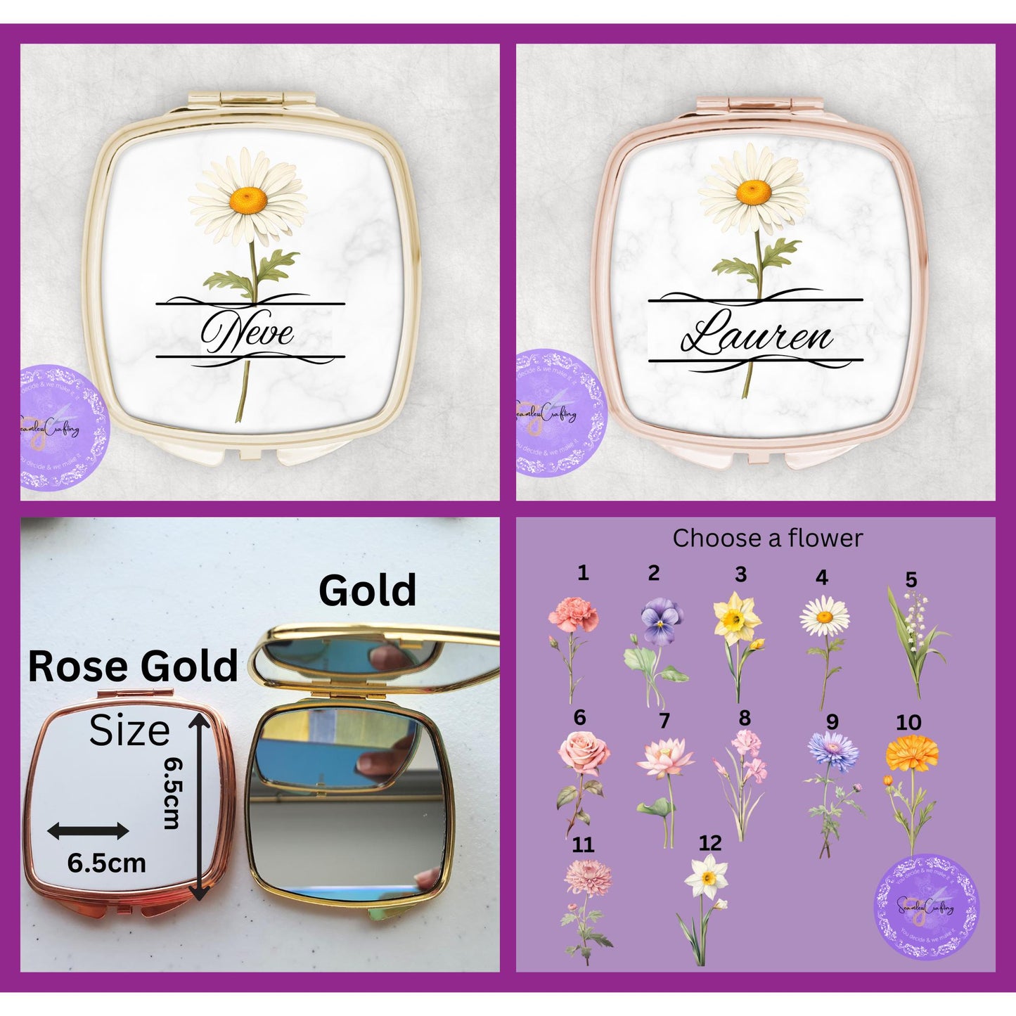 Personalised Pocket Flower of the Month Compact Mirror, add any name, Gift for her, Bridal gift, Rose Gold, Gold Mirror, Wedding Favor