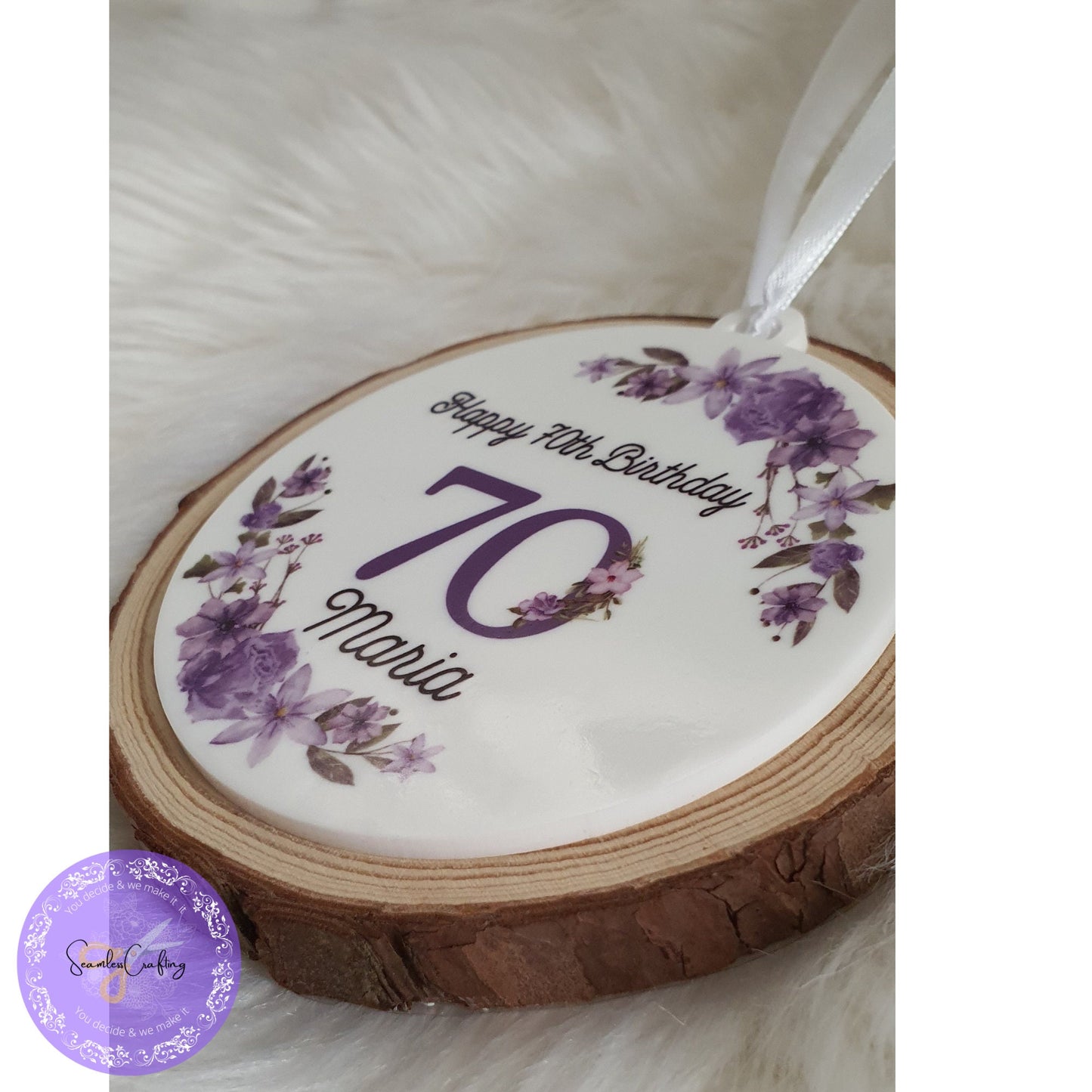 Personalised Milestone Birthday Hanging Acrylic ornament & Mug, Any age Purple flowers Plague, Gift For Her, 18th, 50th Birthday Keepsake