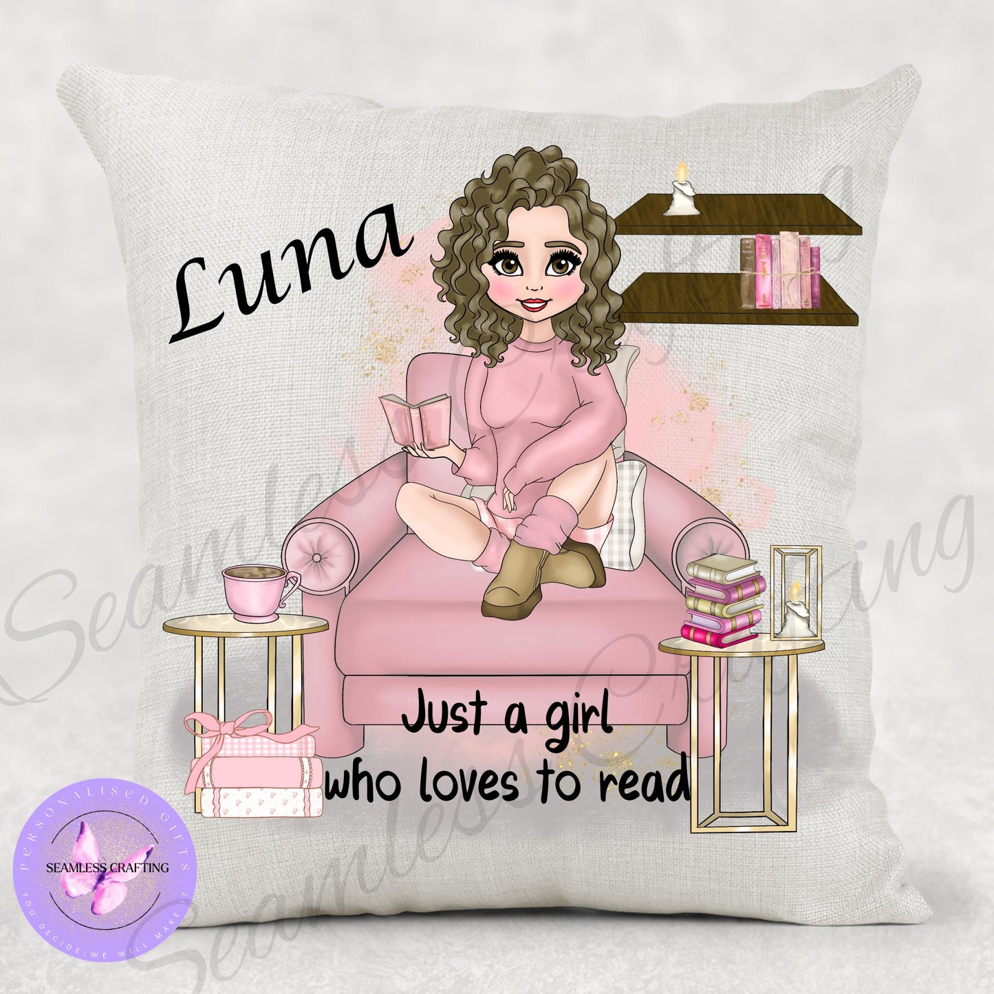 Personalised Book Cushion – Custom Reading Pillow with Character Design | 40x40cm Linen Cushion for Book Lovers & Bedroom Décor