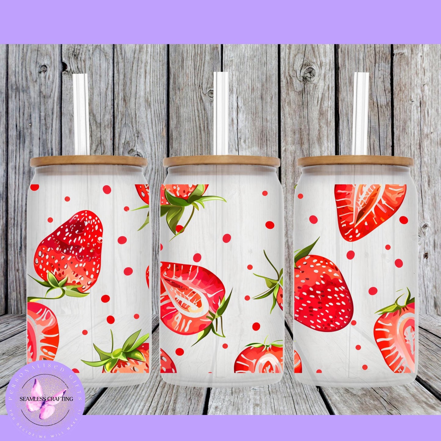 Personalised Strewberry glass cup with lid & strew, Iced coffee mug, summer drink set, reusable 16 oz can glass, cold drinks cup custom made