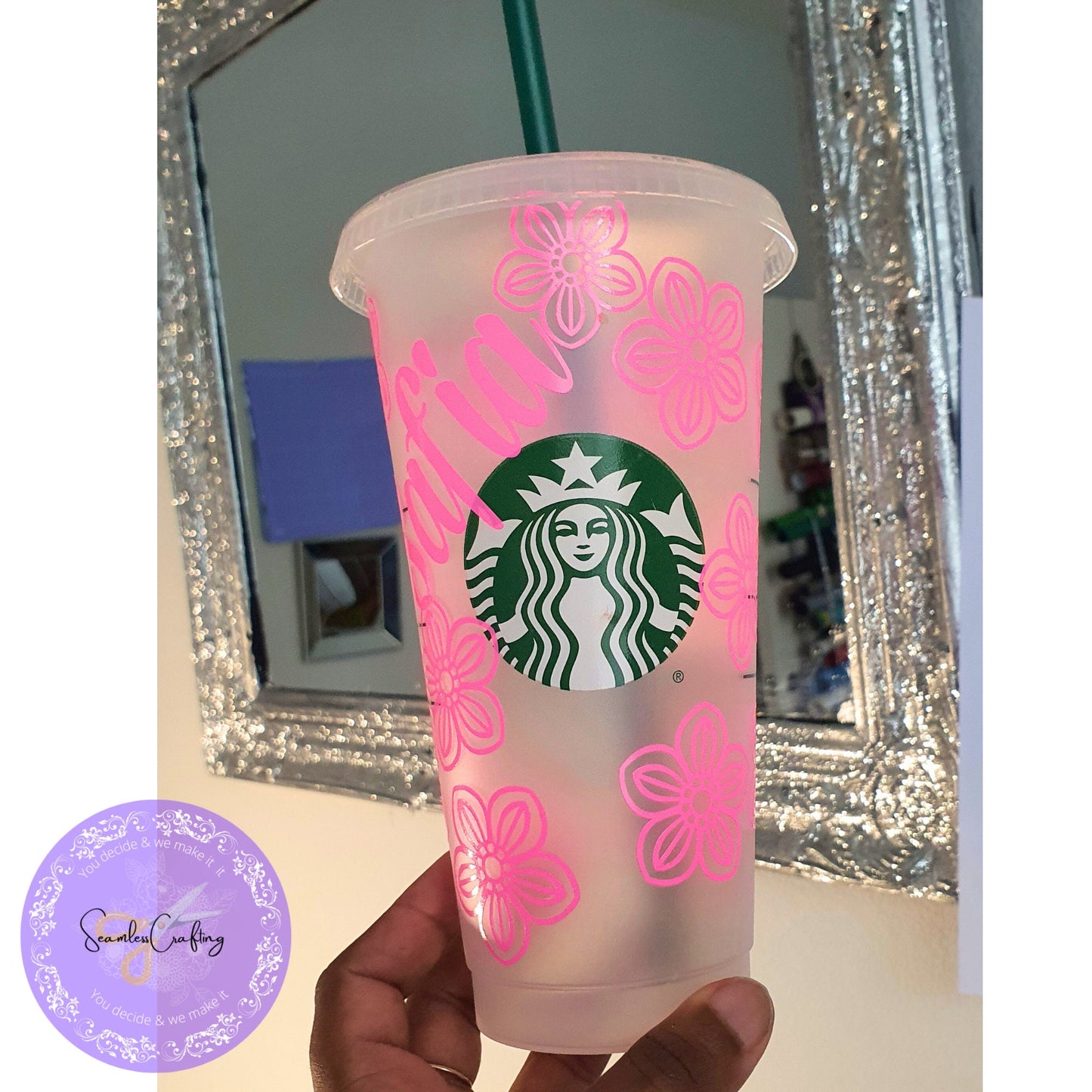 Personalised cold cup with straw, 24 oz flower tumbler names, Reusable iced coffee Venti cup, birthday gift for bridesmaid gift cold cup