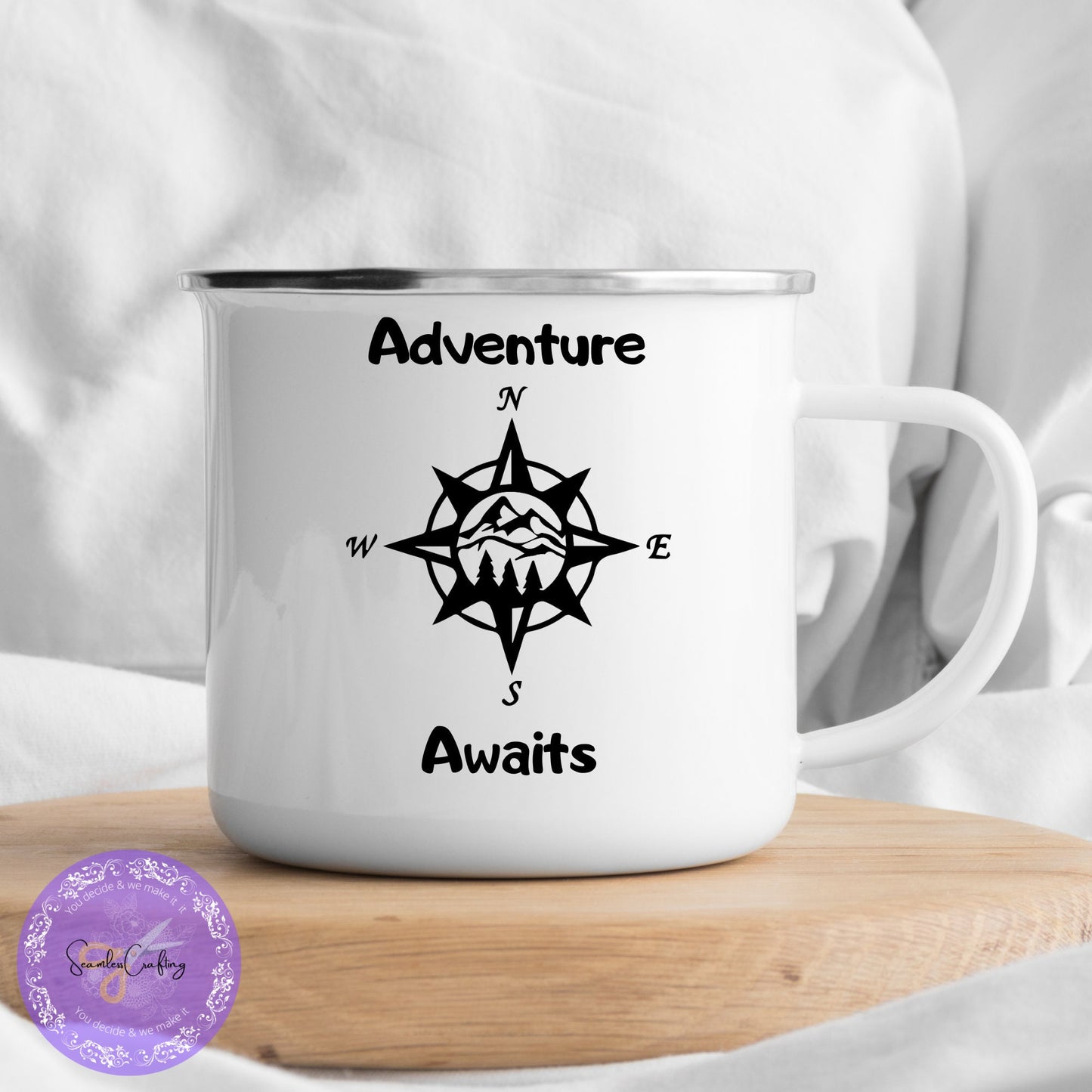 Personlised Adventure Awaits Enamel Mug, Enamel Camping Mug, Campass Camping Mug, Family Camping Gift, Gift For Campervan Lover, Campinglife