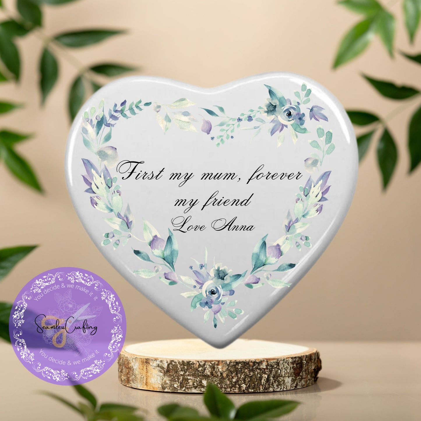 Personalised Heart ceramic tile with free plastic Stand easel, Display heart ornament for Mother, ' First my mum, forever my friend