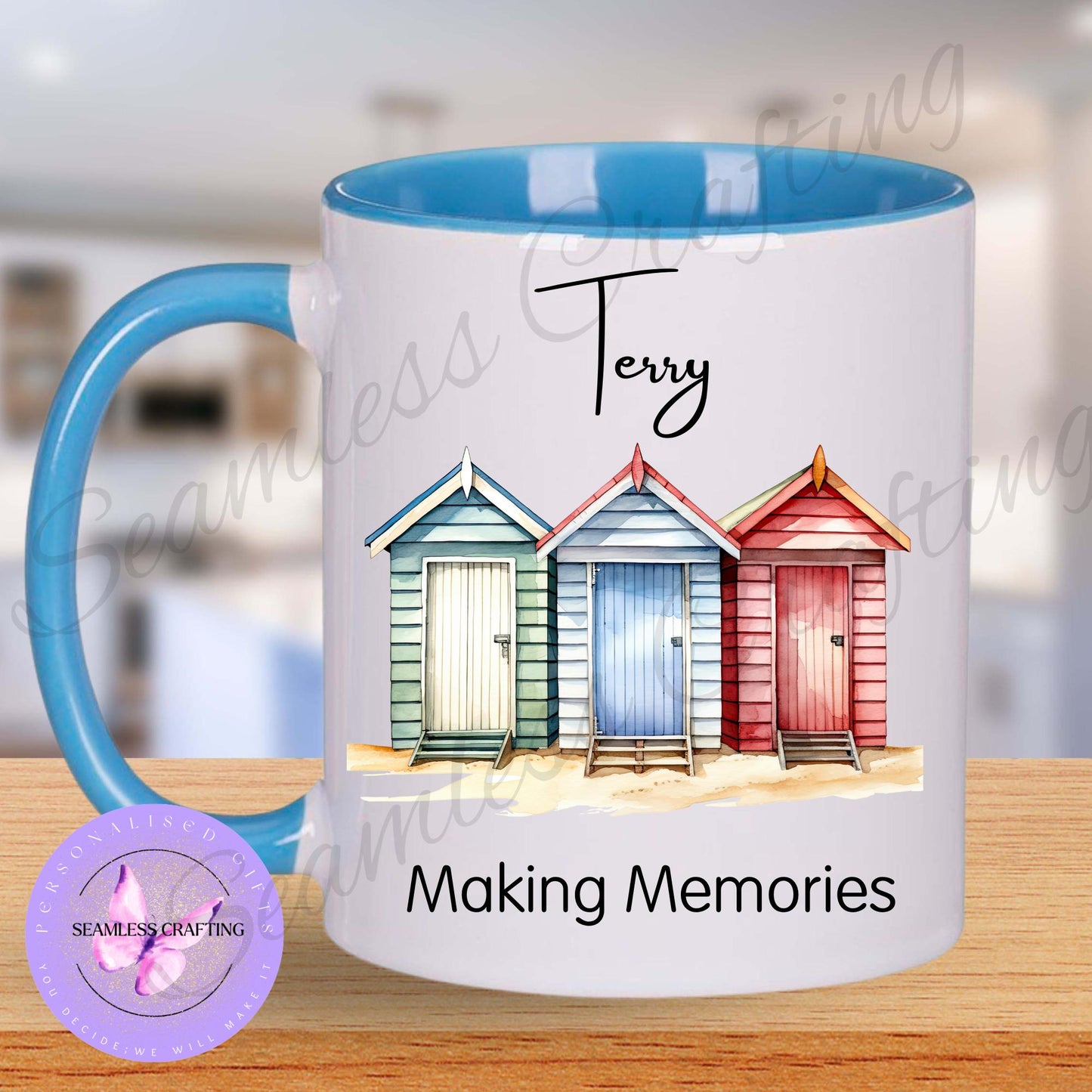 Personalised Beach Hut Gifts, Linen canvas Beach hut Cushion, Summer hut travel mug, ceramic cup, Nautical present, gift for her,him