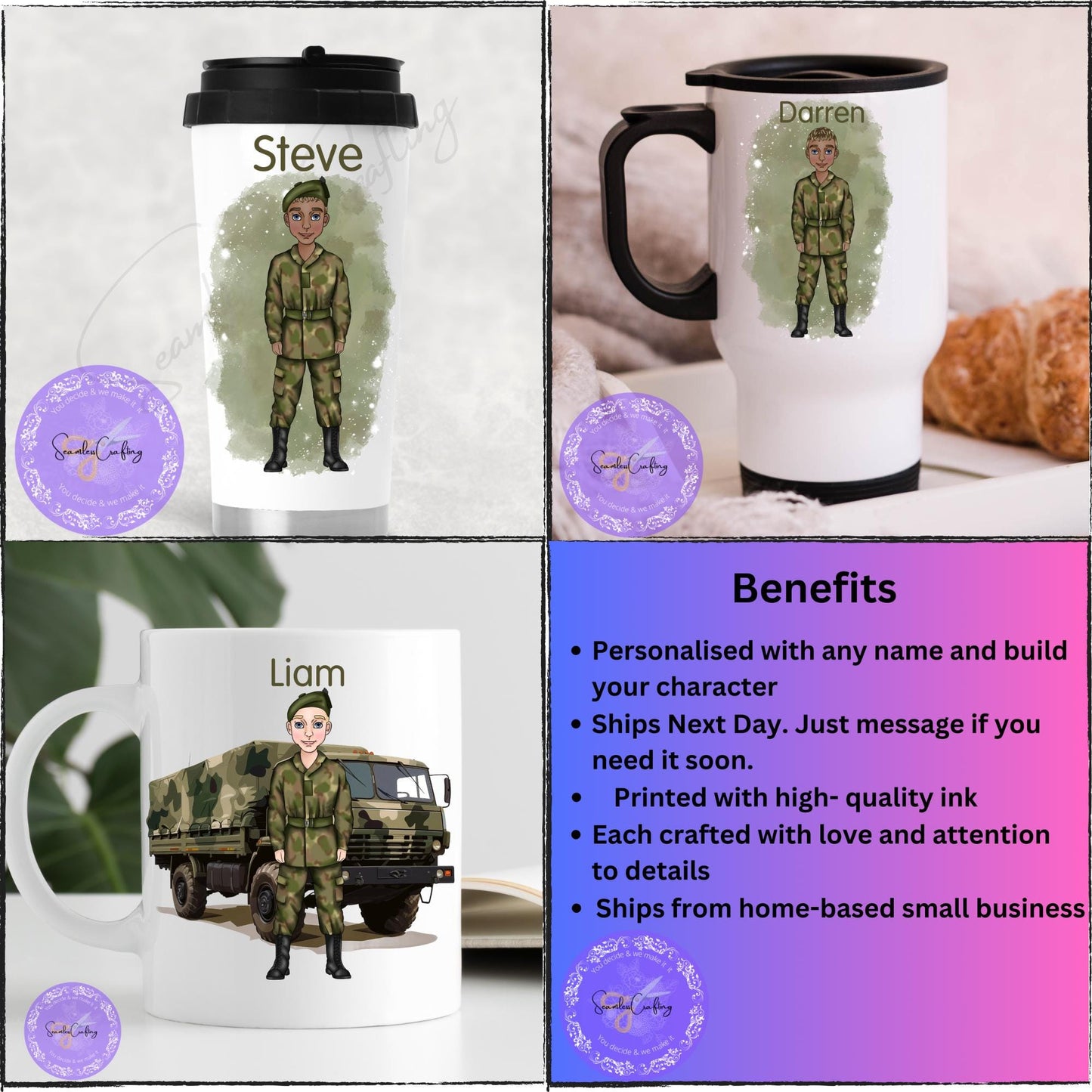 Personalised Male Army Soldier mug, Army Cadet gift, Military gifts, Build character, caricature, customise with name, Army themed present