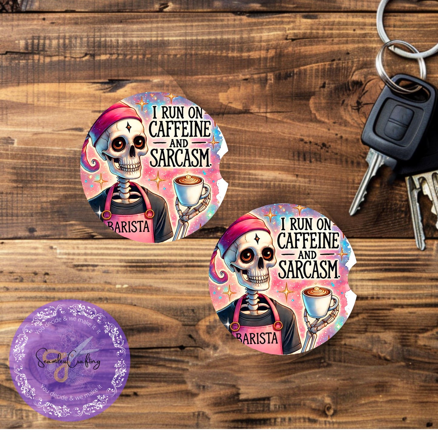 Custom made Car coaster, Car Accessory, Funny Pink Skull, Sarcasm Skull, Set of 2 coasters, I run on Caffeine & sarcasm quote, New Driver