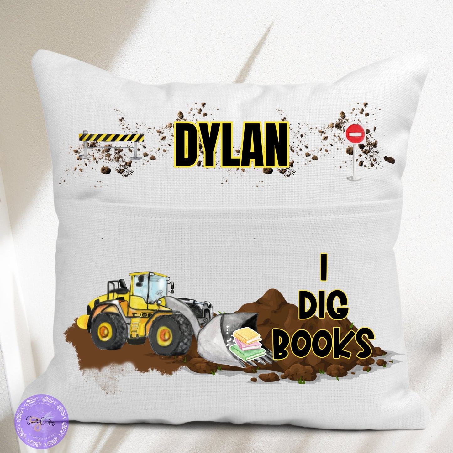 Personalised Digger Truck Pocket Reading Book Cushion, I Dig Books cushion gifts, Construction Tractor Bedroom Decor, Unique Cushion Gift