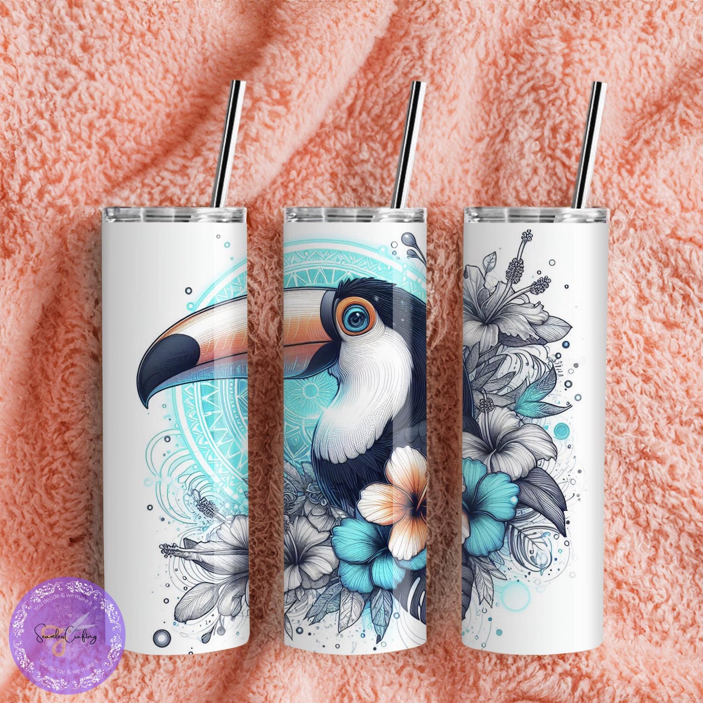 Personalised Floral Toucan 20 oz tumbler. Tropical bird lover gift, Stainless Steel Tumbler, Custom with any name, Birthday present