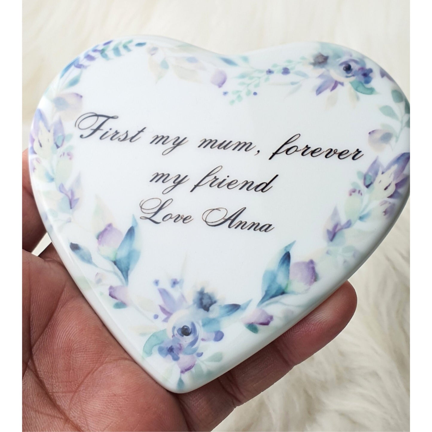Personalised Heart ceramic tile with free plastic Stand easel, Display heart ornament for Mother, ' First my mum, forever my friend
