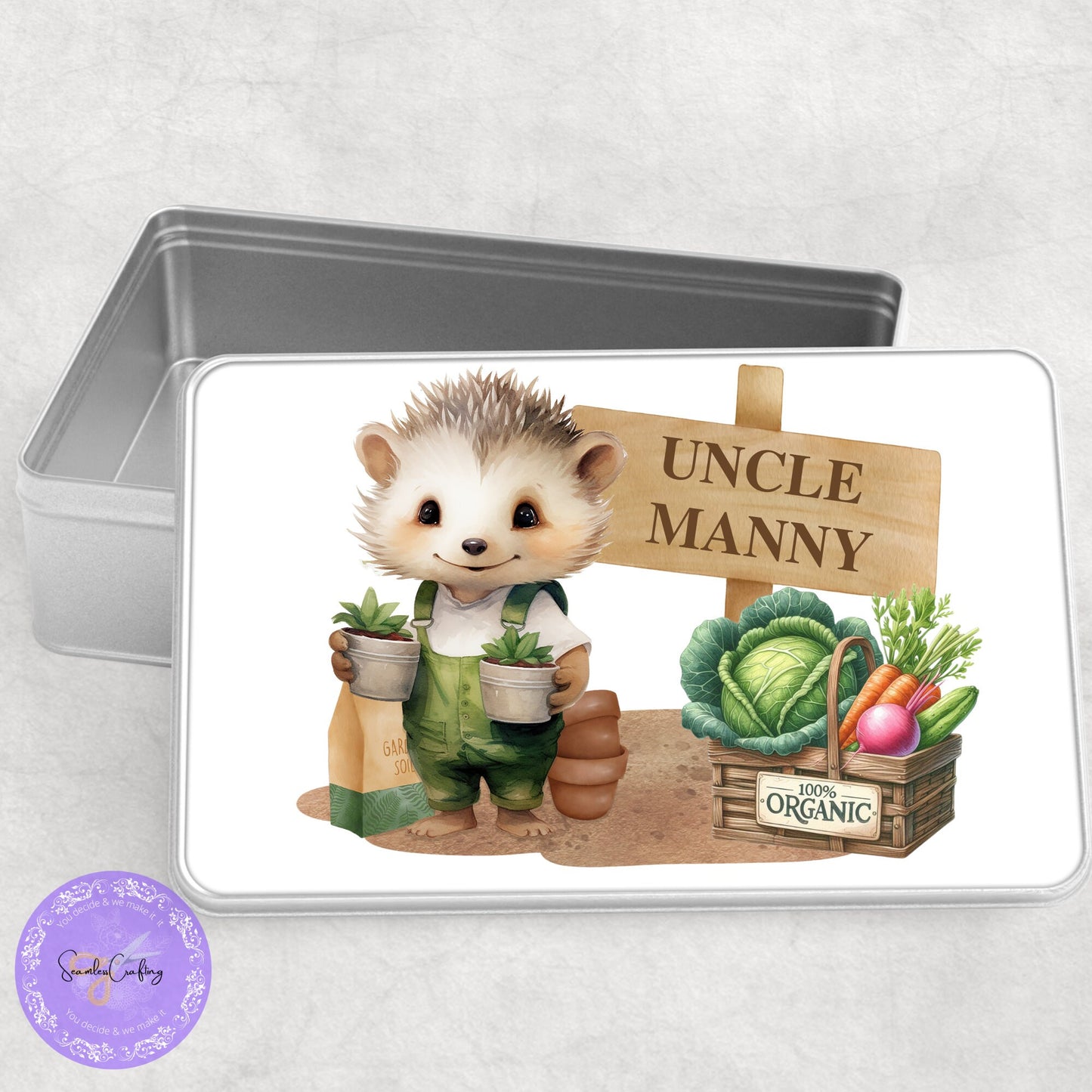 Personalised Hedgehog Gardening Seeds Tin, Garden Seed Storage, Add any name or text, Aluminium metal allotment keepsake, seed kit box