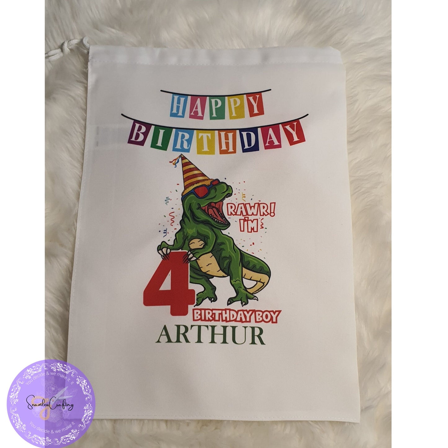 Personalised Name Birthday Gift Sack, Trex Toy Gift Bag, Happy Birthday Bag, Goodie Bag, Present Bag, Toddler, Storage Toy Bag, Unisex Bag