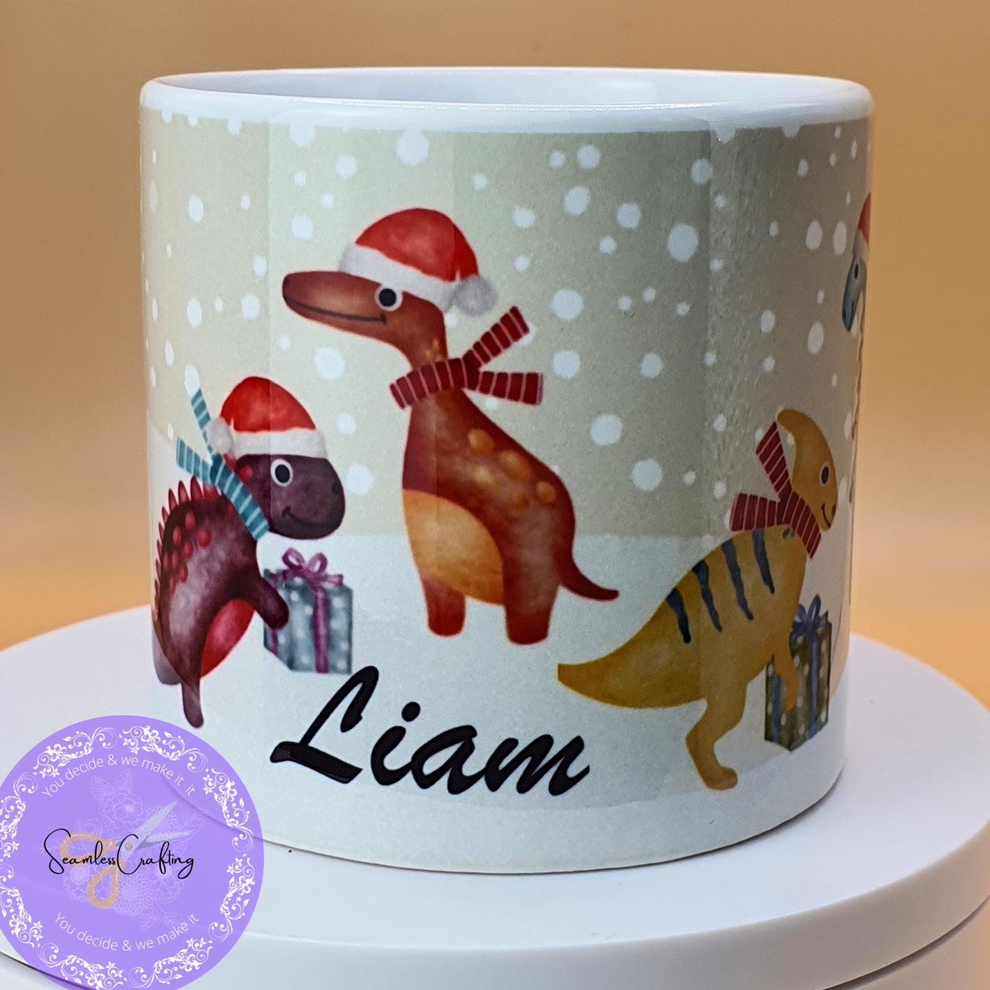 Personalised Christmas Dinosaur, Unicorn children's mugs, 6oz ceramic, 12 enamel cups, movie night, Stock fillers. Add any name