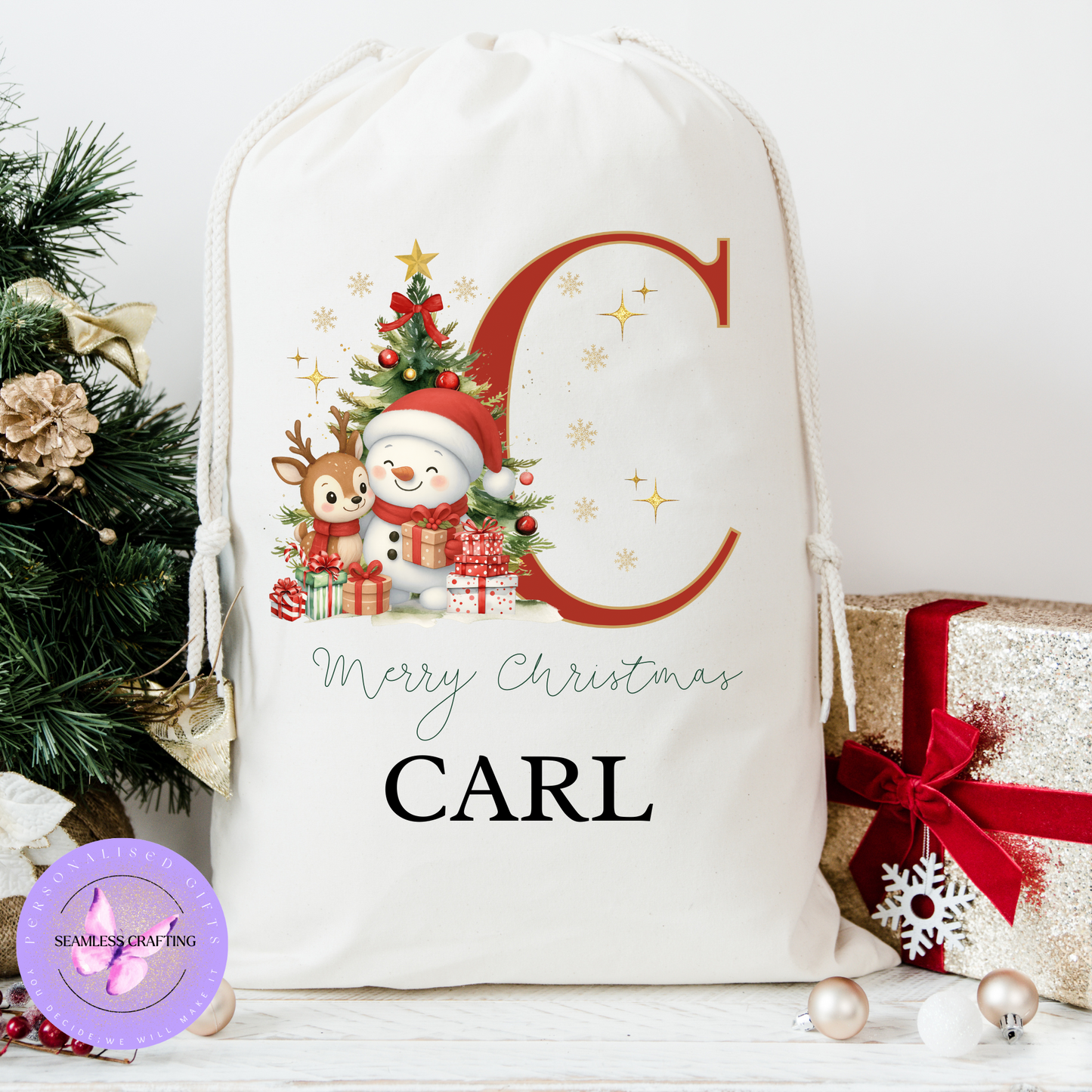 ersonalised Snowman Alphabet Christmas Santa Sack – Custom Name Linen Gift Bag | Large & Small Sizes