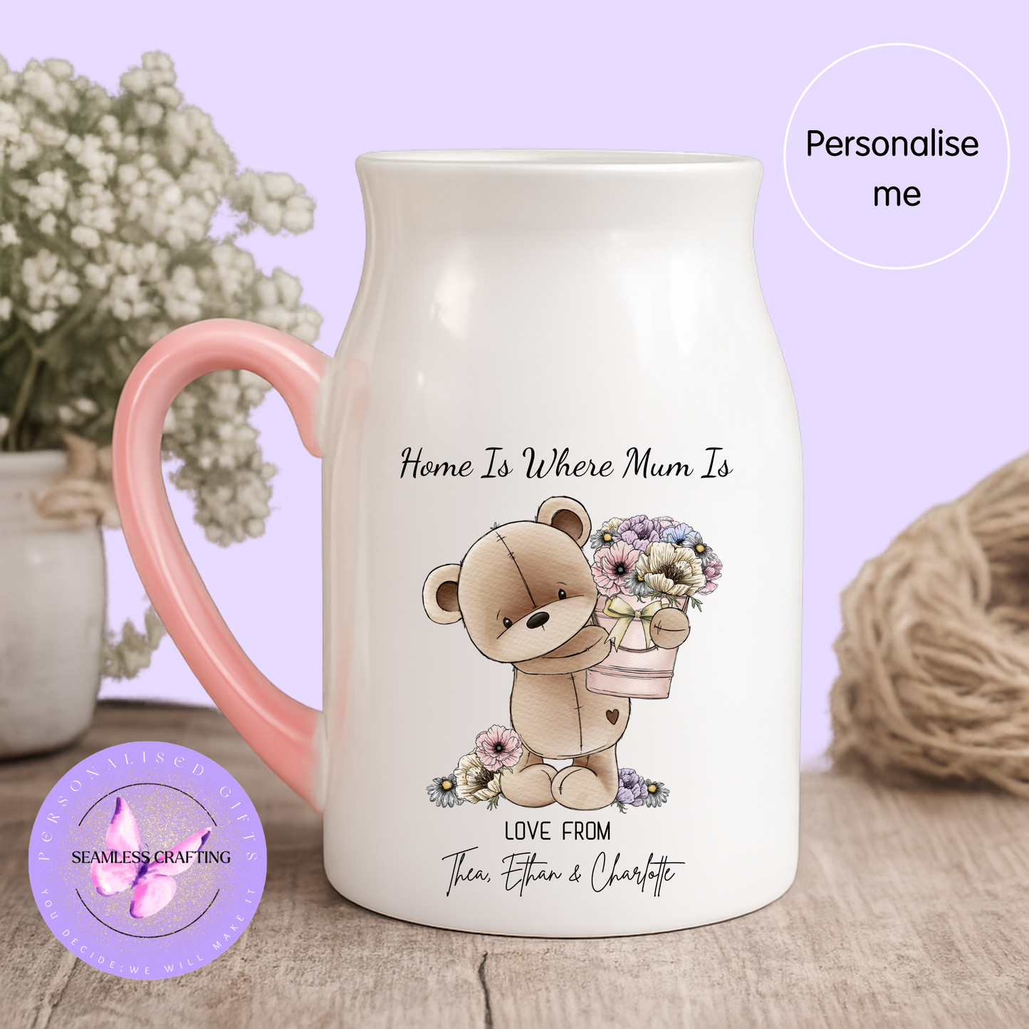 Personalised Mum Ceramic Jug – Home Is Where Mum Is Vase – Custom Mother’s Day Gift from Kids – Teddy Flower Design