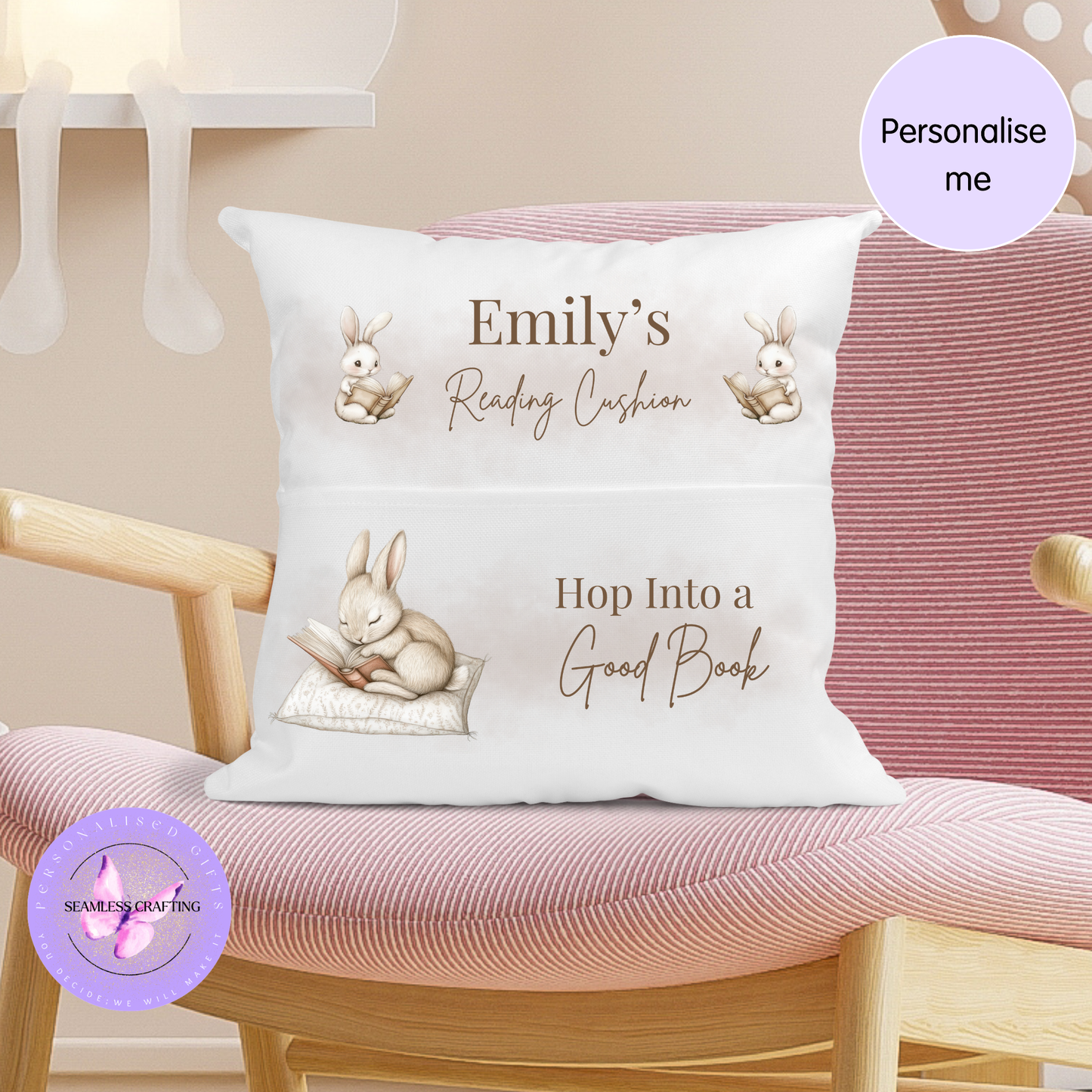 Personalised Bunny Reading Cushion with Pocket – Children’s Book Pillow Gift UK – Hop Into a Good Book