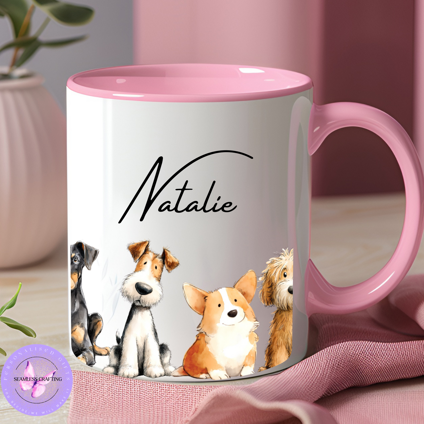 Personalised Dog Lover Mug – Pampered and Purrfect 11oz Ceramic Coffee Cup – Custom Name Pet Groomer Gift with Colour Handle Options