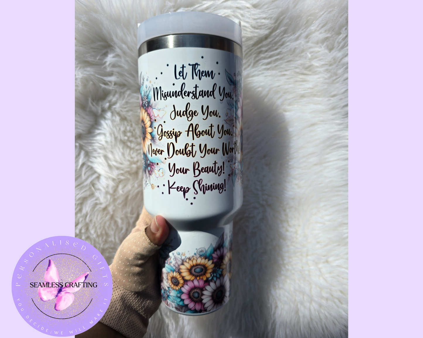 Personalised 40oz Sunflower Positivity Tumbler with Name – Inspirational Quote Mug with Handle & Straw
