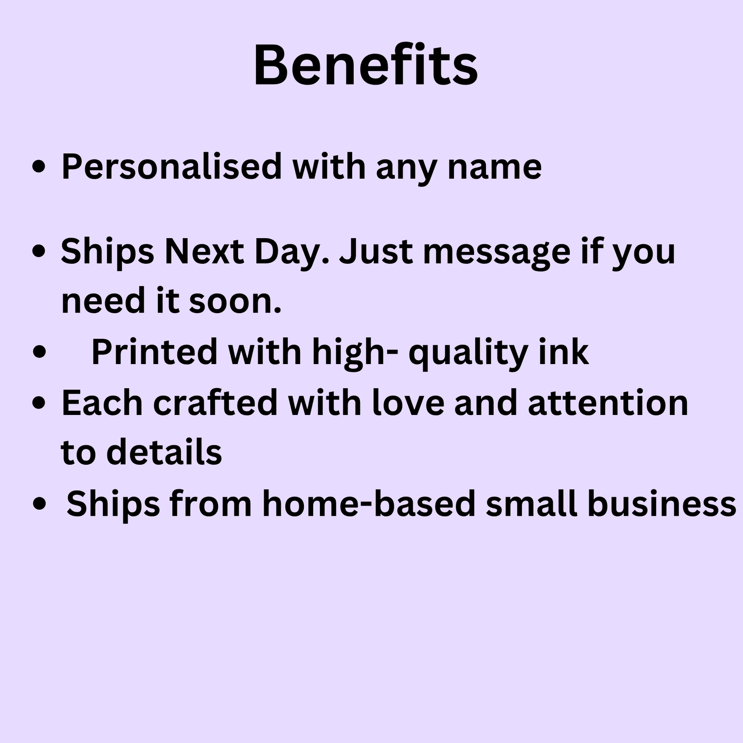 Personalised chopping board benefits including custom name, fast dispatch and high quality print