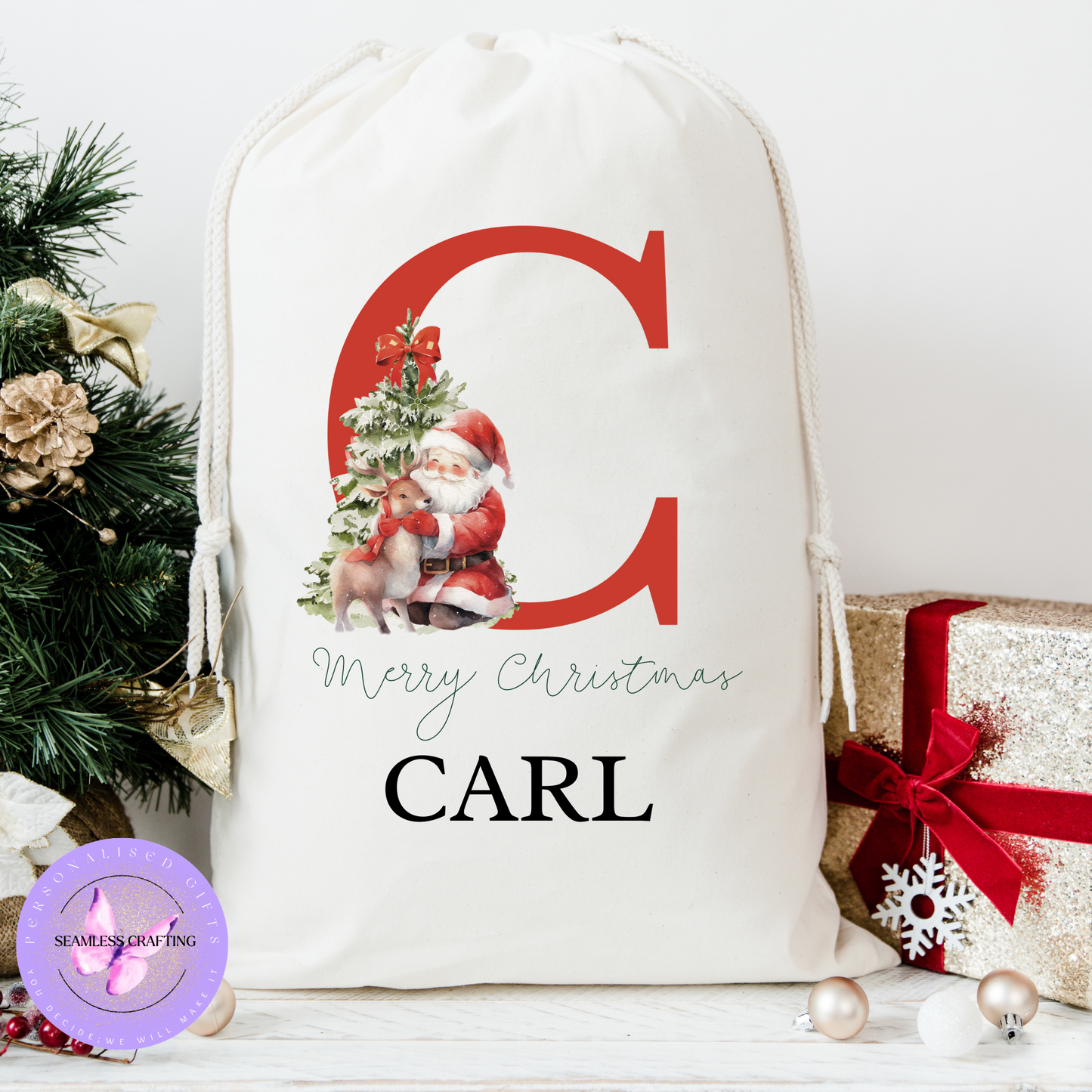 Personalised Alphabet Christmas Santa Sack – Custom Name Linen Gift Bag with Santa Design | Large & Small Sizes