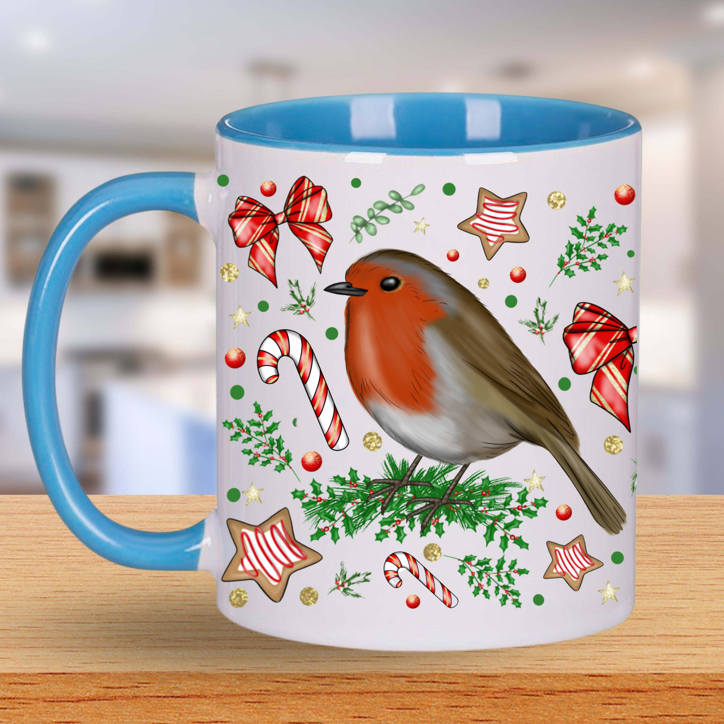 Christmas Robin Mug – 11oz Ceramic Cup – Festive Holiday Coffee Mug with Candy Canes and Bows – Winter Gift