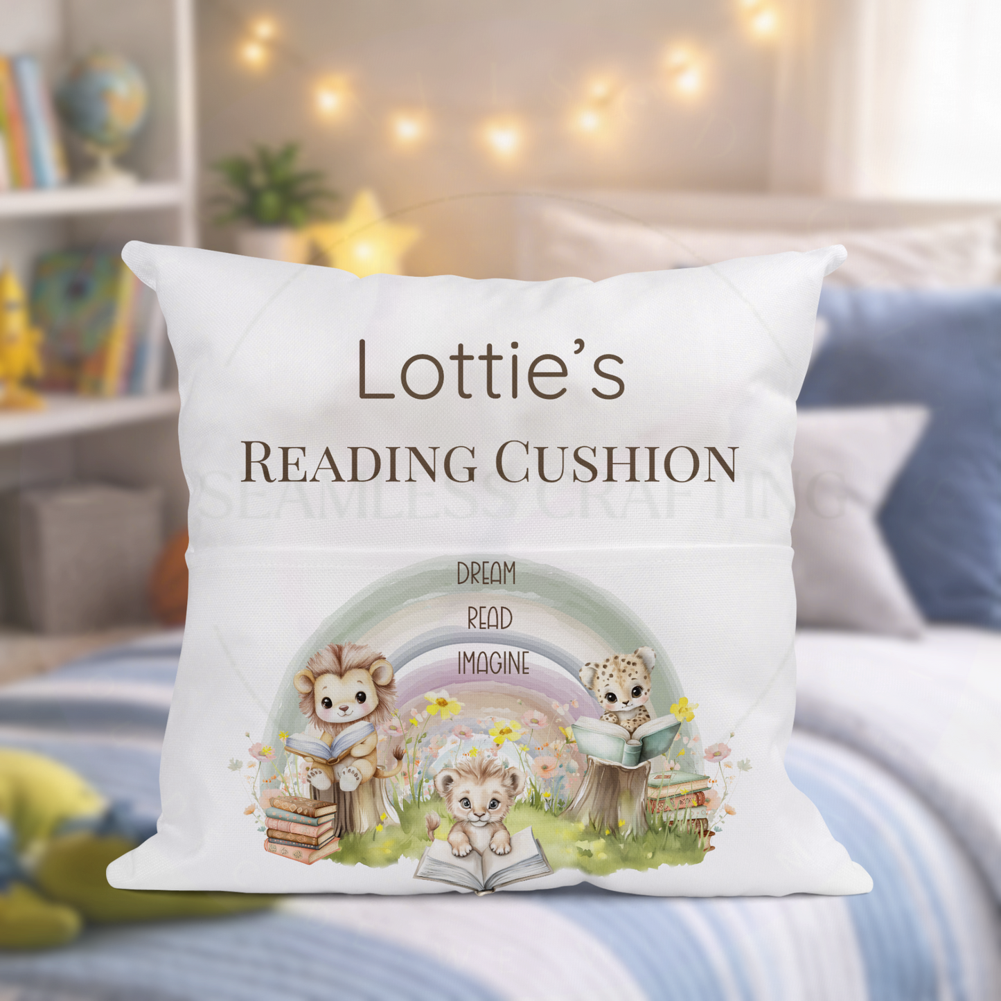 Personalised Kids Reading Cushion with Pocket | Custom Name Storytime Pillow | Lion & Animal Design Book Cushion Gift