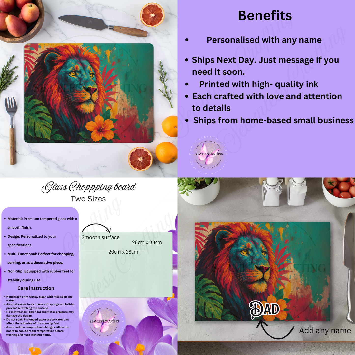 custom glass chopping board lion design personalised gift