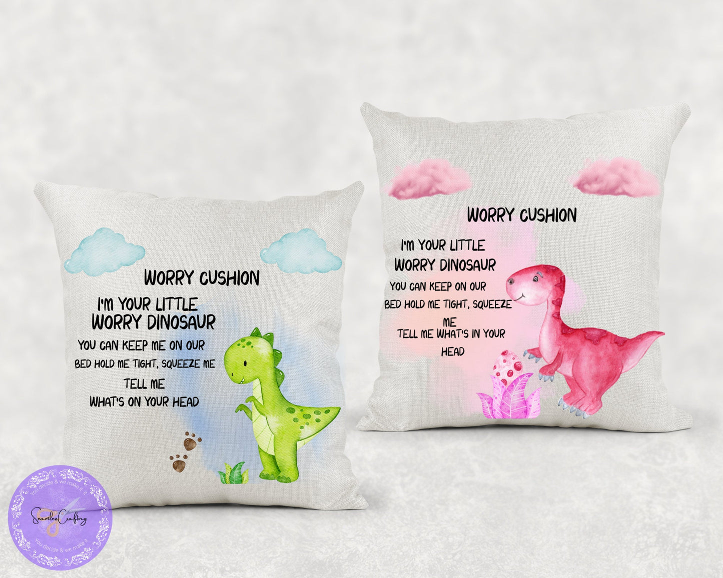Personalised Dinosaur Worry Cushion, Bad Dreams, Anxiety Calmer Gift Pillow, Bad Dream Catcher, Cuddle Pillow Gifts, Gift For kids