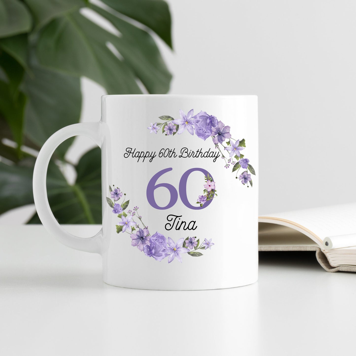 Personalised Milestone Birthday Hanging Acrylic ornament & Mug, Any age Purple flowers Plague, Gift For Her, 18th, 50th Birthday Keepsake