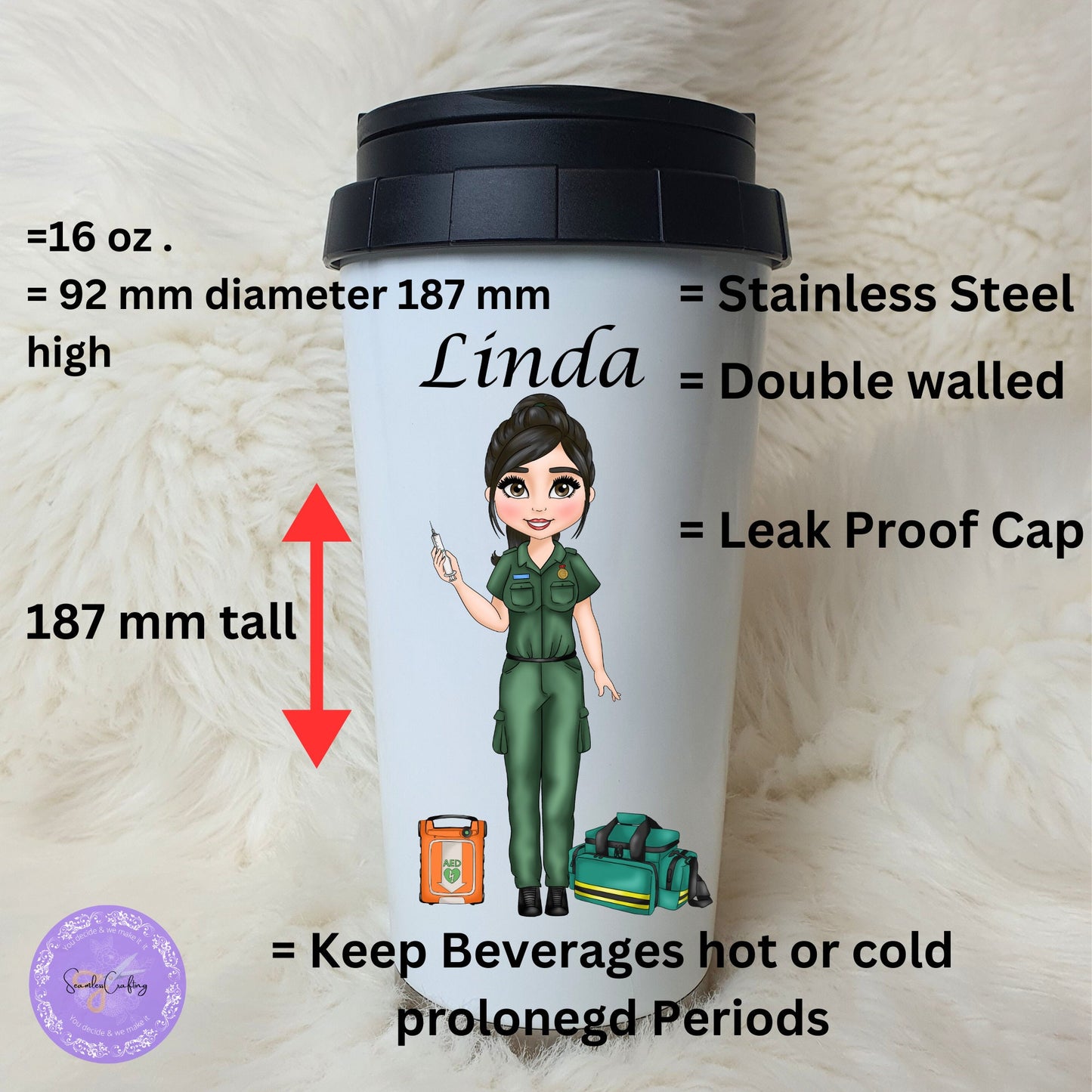 Personalised Paramedic Character Travel mug gift, First Responder, Gift for her, Stainless Steel Thermos, Paramedic Lady Technician uniform