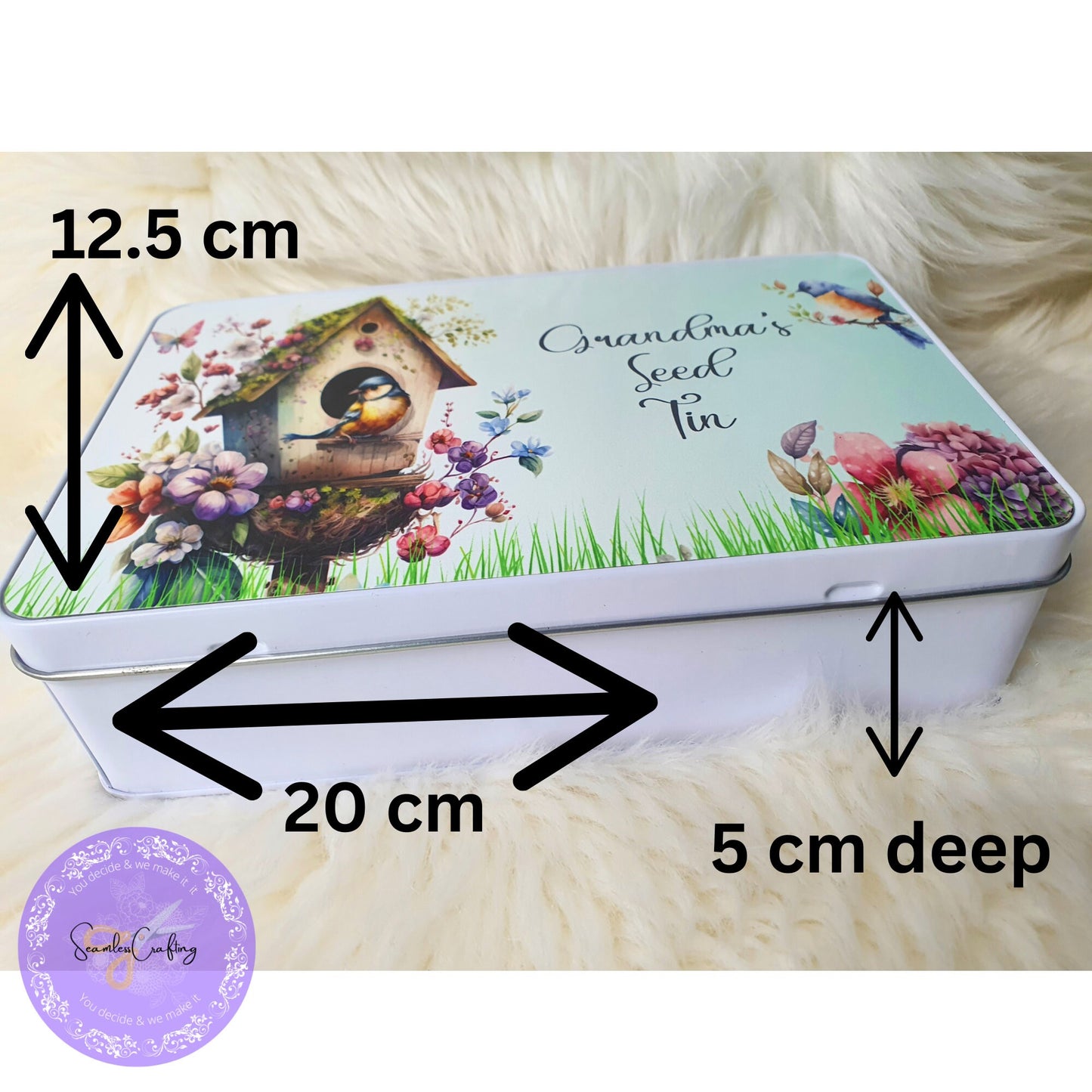Personalised Bird Seed Tin, Novelty Metal Tin, add any text, Seed Storage, Gift for Her, him, Gardening Gift, Aluminium Tin, Bird Lover Gift