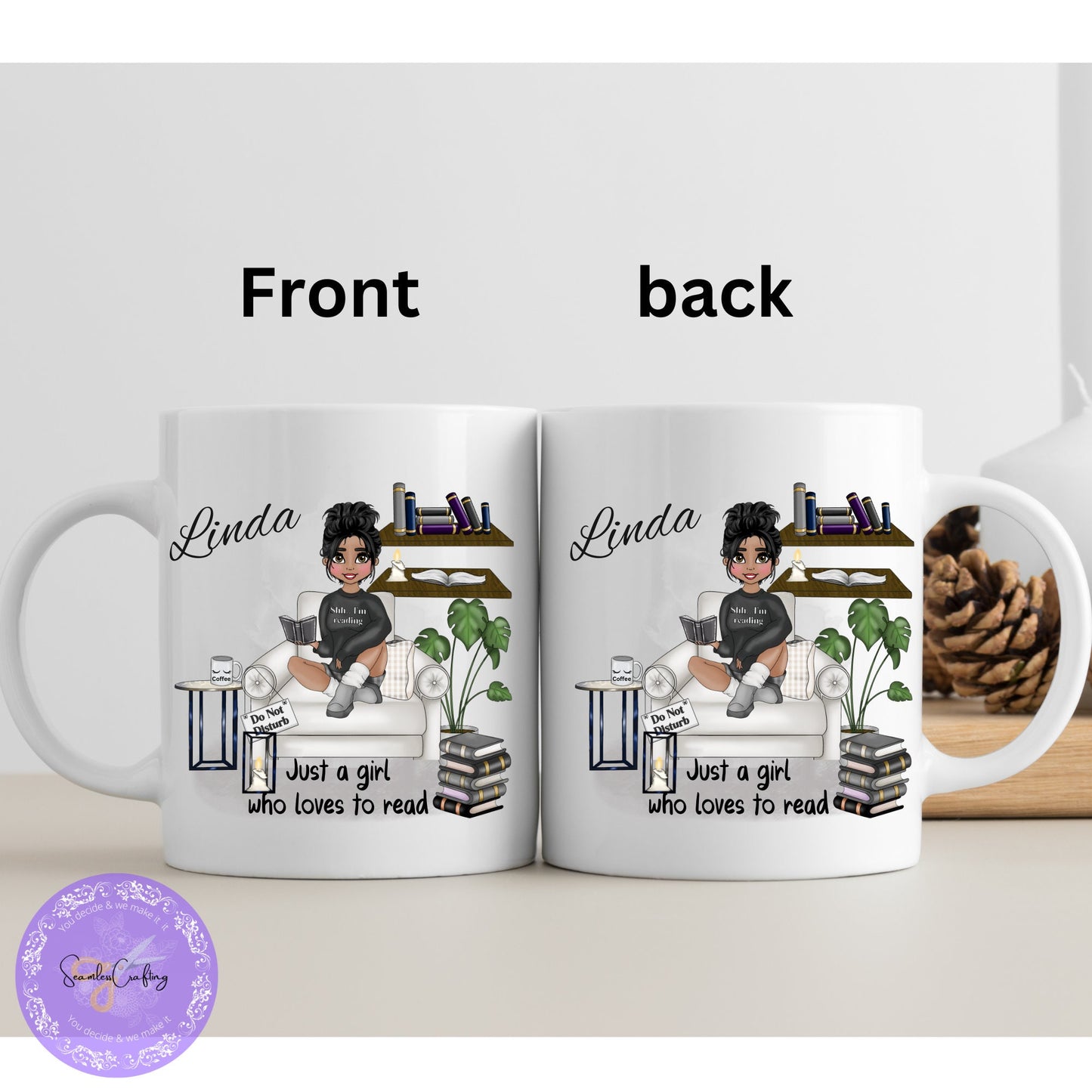 Personalised Caricature book lover mug, Just a girl who loves to read, Design your character cup, Reading teacup gift, Bookworm Cuppa