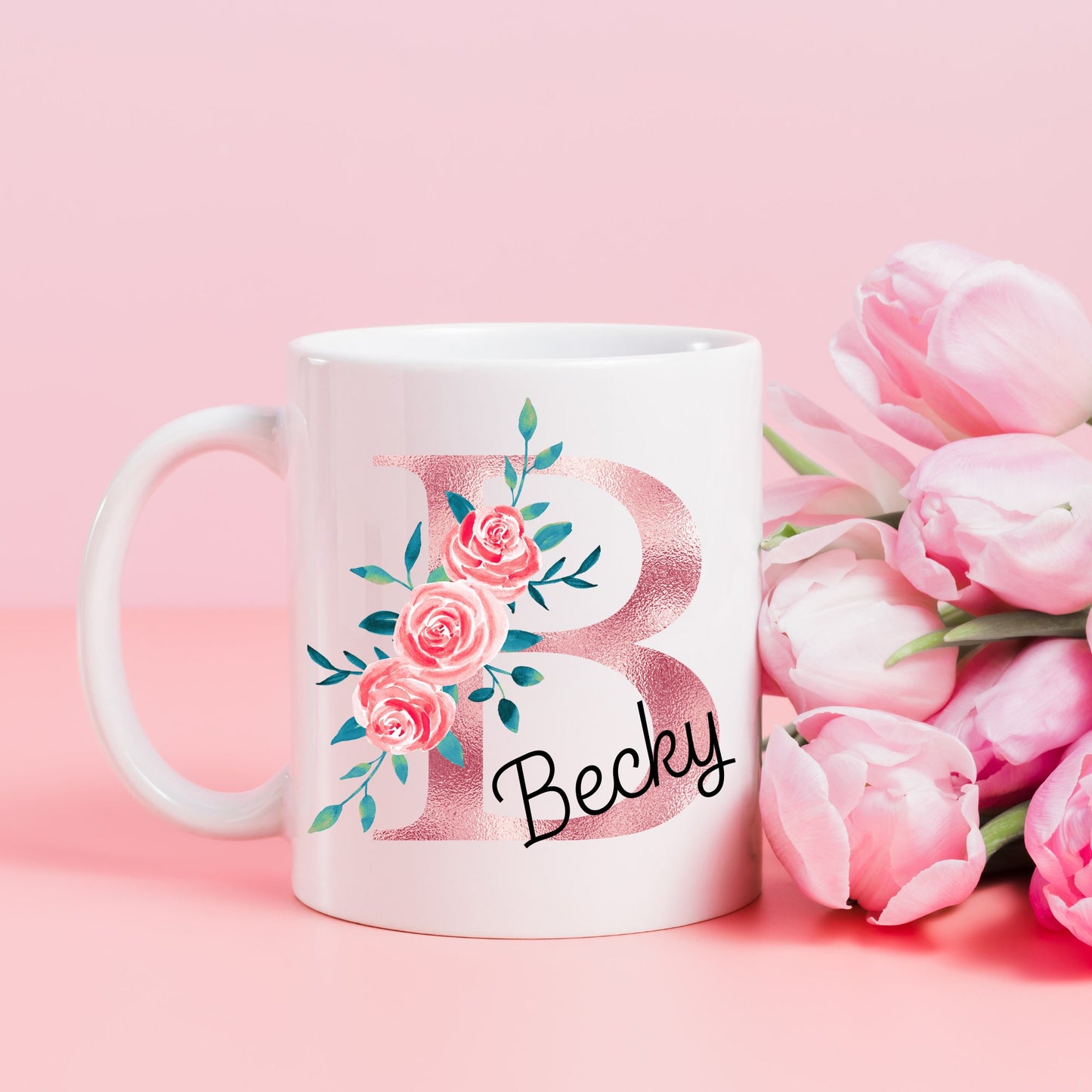 Personalised Rose Gold Floral Initial Gift Mug, Gift For Her, Custom Initial Mug, Birthday Gift Mug, Elegant Bridesmaid, wedding, Coworkers